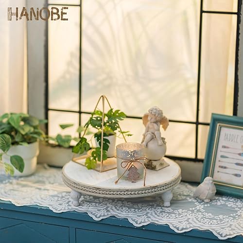 Vista 7 de Hanobe Soporte redondo decorativo para bandeja: elevadores de pedestal de madera con cuentas blancas, soporte de exhibición circular para mesa