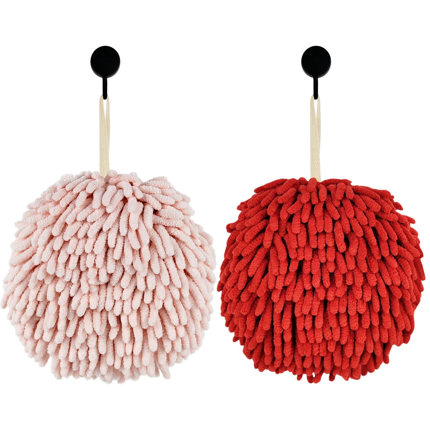 MEET WANT Fuzzy Ball Hand Towel，Two Hanging Hand Towels for Bathroom，Chenille Quick Dry Hand Towels,Strong Absorbent and Quick Drying, Suitable for Kitchen Bathroom (Pink+Red)
