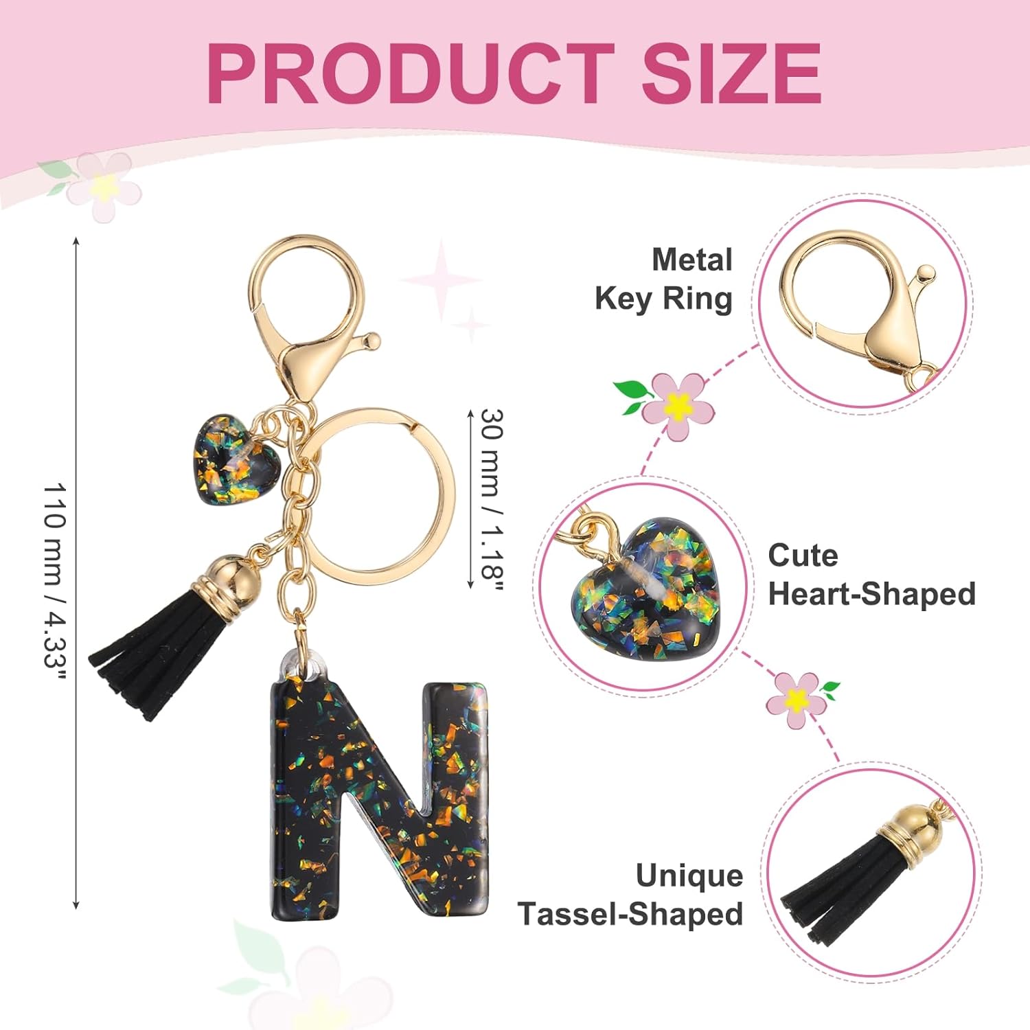 PATIKIL Initial Letter Keychain, Cute Keychains Women Sparkly Bling Love Tassel Floral Charm Key Chain - Image 2