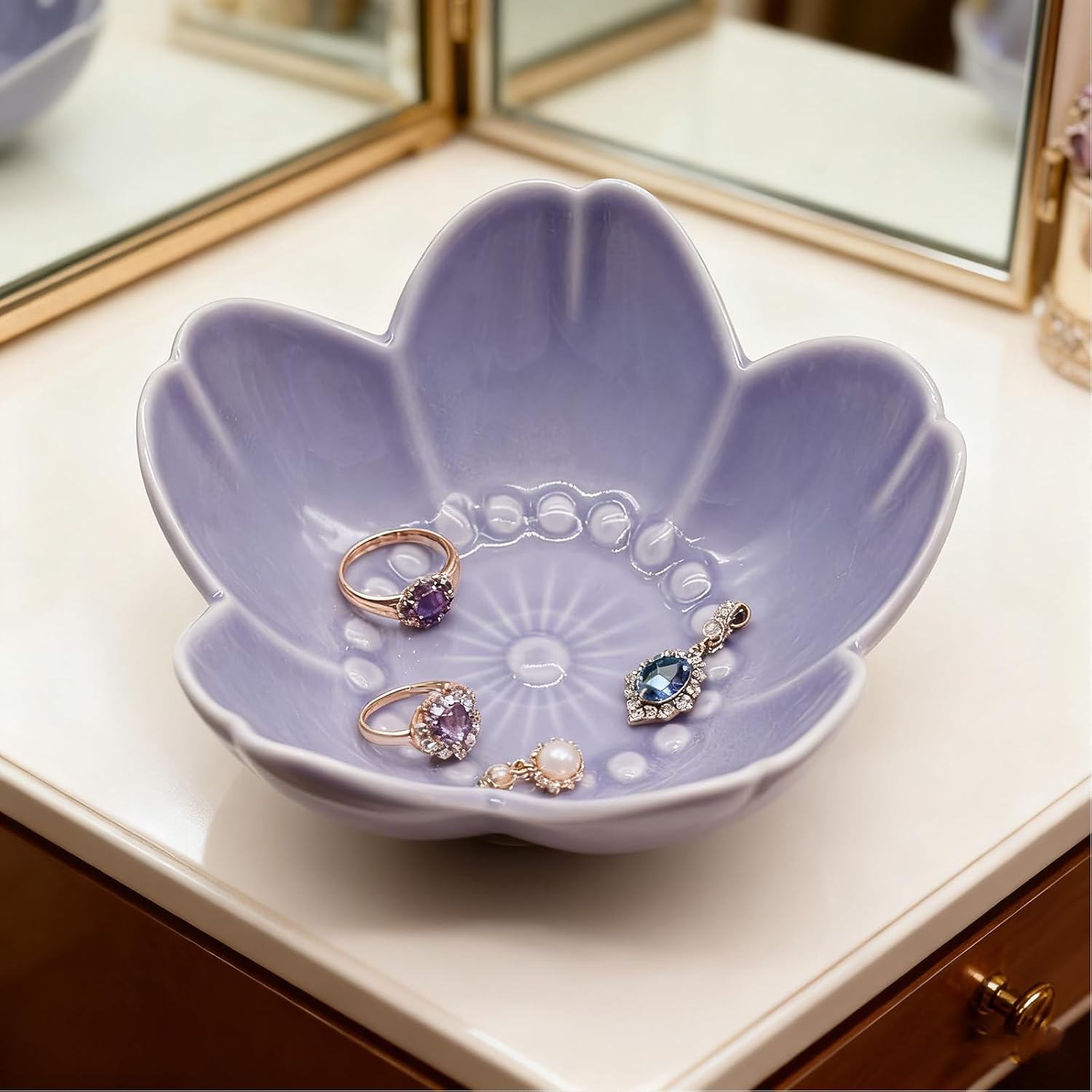 Purple Flower Ring Dish Jewelry Tray, Ceramic Jewelry Dish, Small Trinket Dish, Nightstand Bathroom Decor Ring Holder, Jewlery Plate Bowl for Christmas Friendship Birthday Gifts for Women Mom