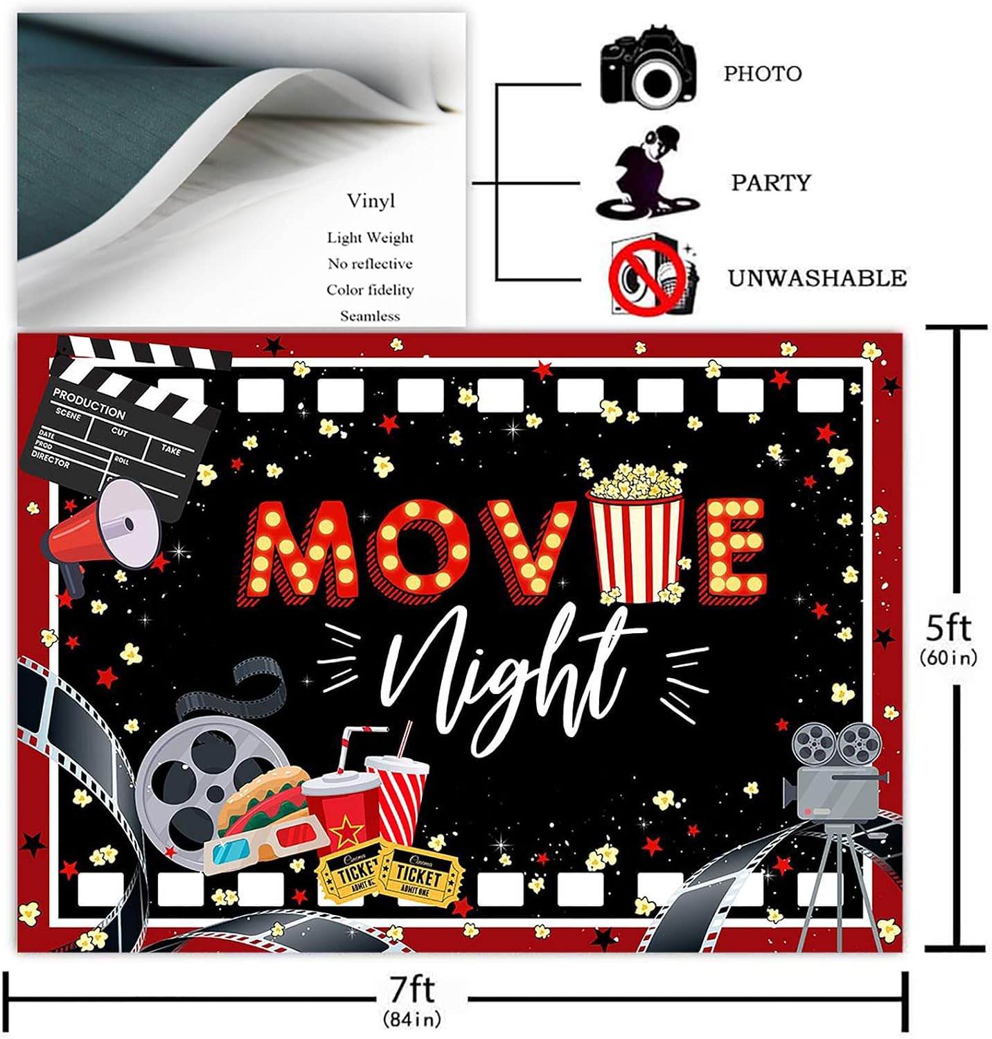 Avezano Movie Night Backdrop Black and Red Movie Theme Party Decorations Cinema Theme Photography Background Birthday Banner Supplies (7x5ft)