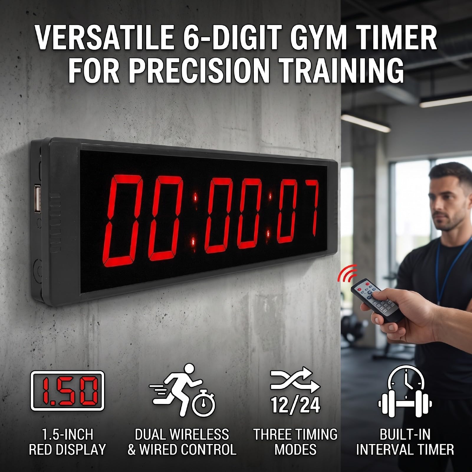 Fafeicy LED-Countdown-Uhr, 1,5 Zoll Großes Display mit Fernbedienung | Gym Studio Timer, 99-Stunden-Countdown, Stoppuhr, Intervalleinstellung, Aluminiumrahmen, 4000-mAh-, 30 m Reichweite