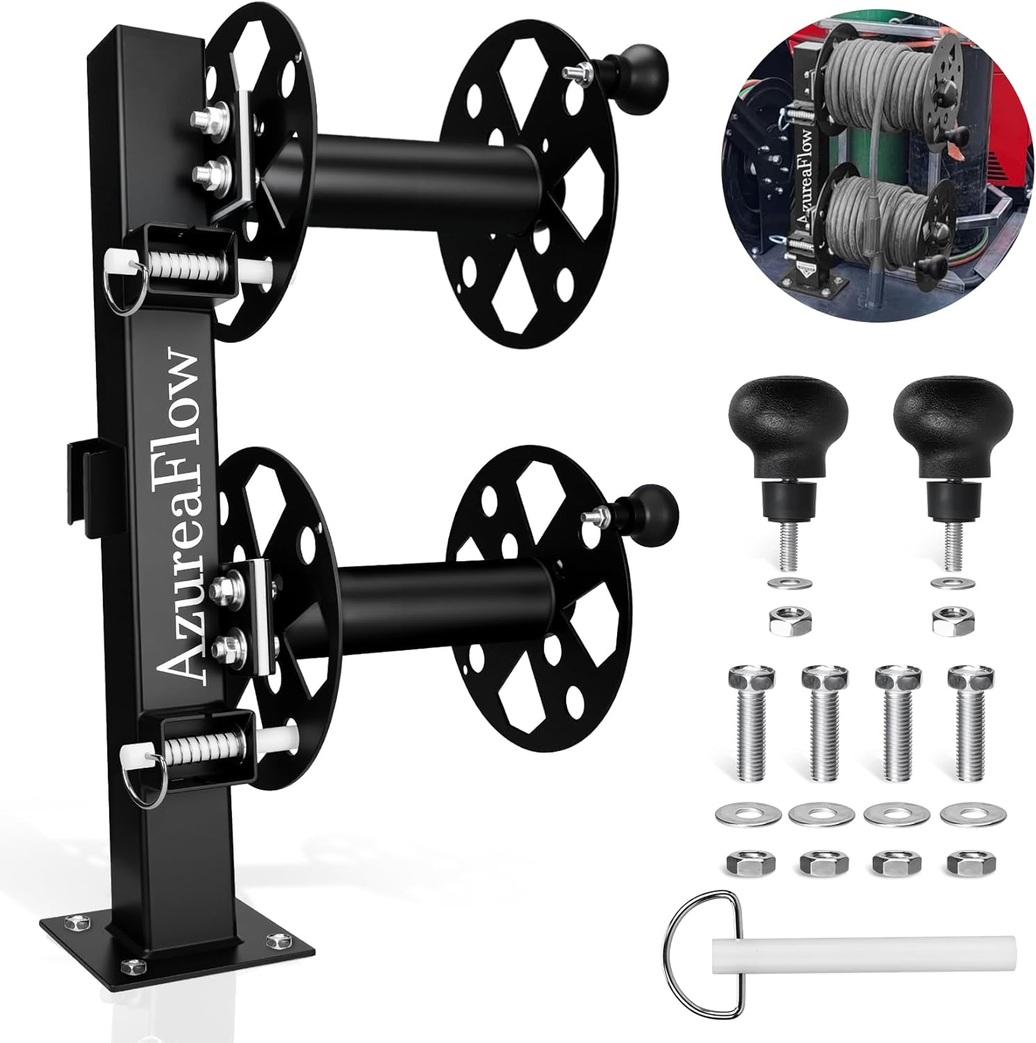 Heavy Duty Double Welding Cable Lead Reel, Welding Reels for Leads, Fixed Base 10" Reel, Insulated Lock Pin No Leakage for 150 ft of 1/0 and 125 ft of 2/0 Cables，2-Yr Service