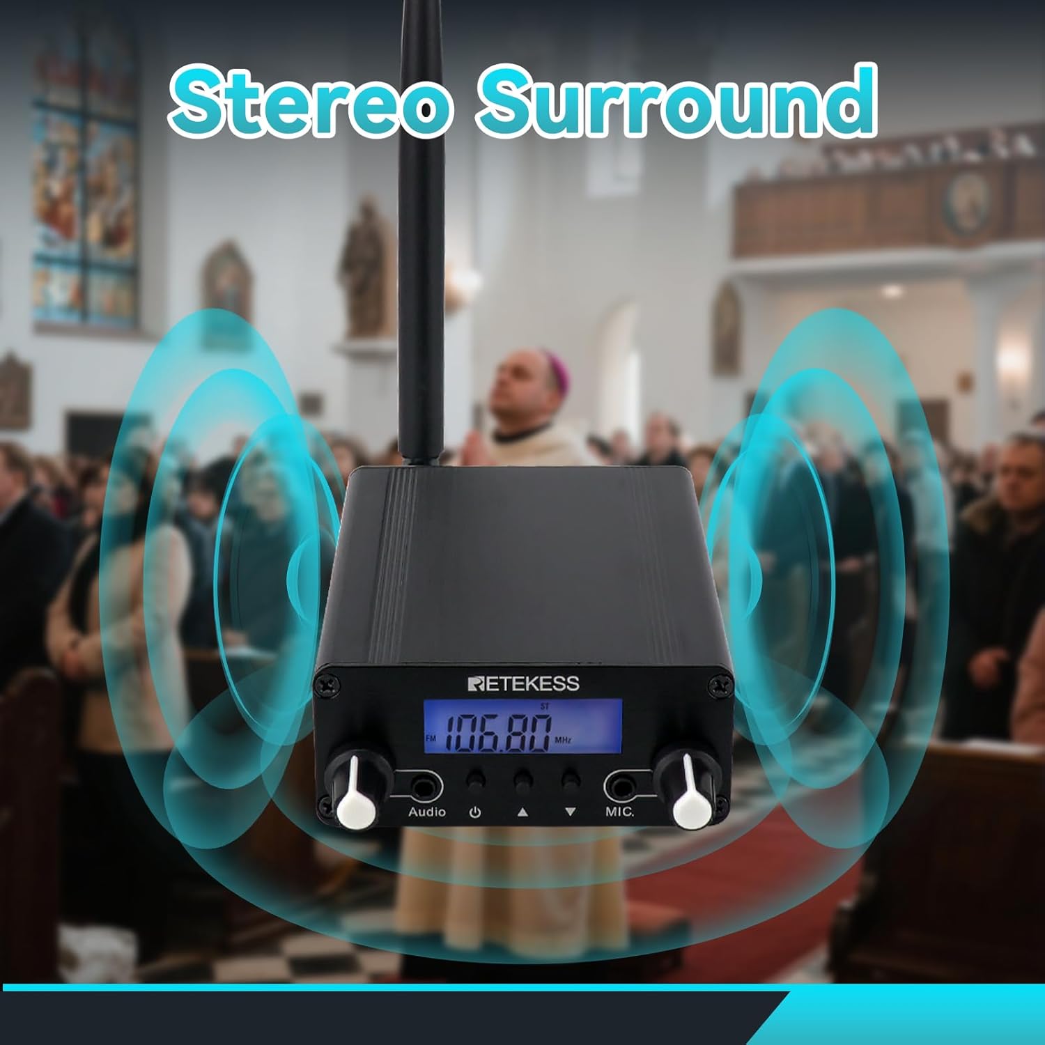 Retekess TR508 FM Transmitter for Church, FM Broadcast Transmitter with 1 TR503 FM Transmitter Headset and 10 PR13 FM Radio Receivers, Church Translation System for Home School Museum Parking