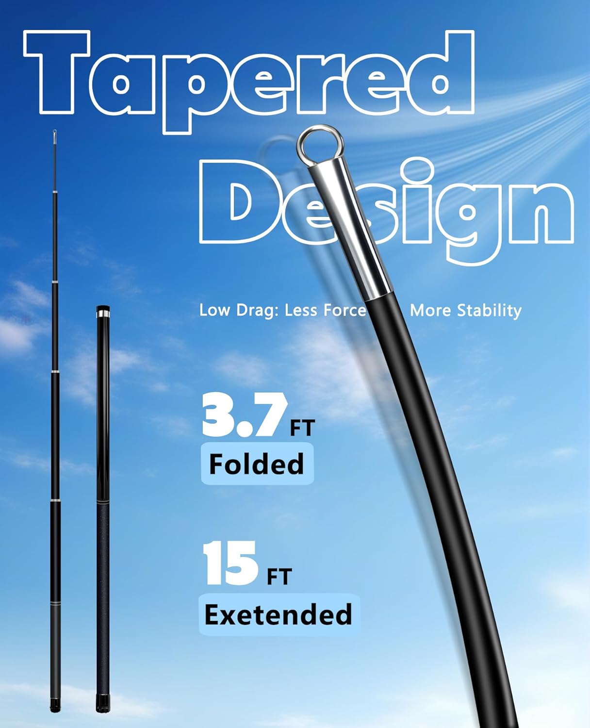 Telescoping Windsock Pole 15 FT – 5-Section Heavy Duty Fiberglass Wind Sock with Reinforced Twist-to-tighten, Portable Wind Direction Pole for RV, Dock, Garden, Decor, Bird Deterrent – Easy Assembly