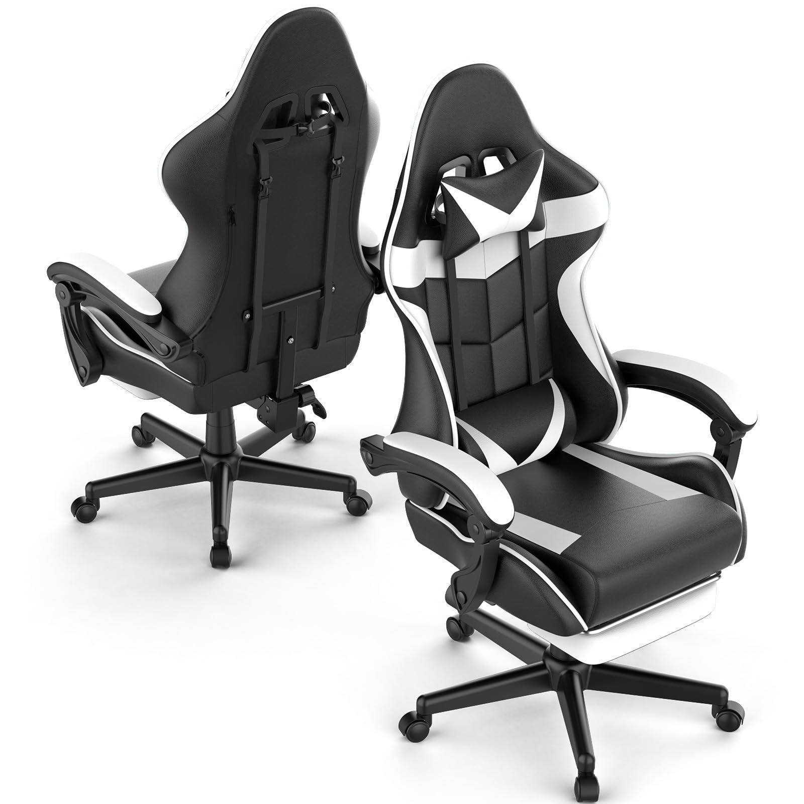 Huracan Chaise Gaming Ergonomique avec Fonction Massage, Chaise Gamer en PU Respirant, Réglable en Hauteur Siege Gaming, Accoudoirs et Repose-Pieds, Fauteuil Gamer pour Adolescents et Adultes, Blanc