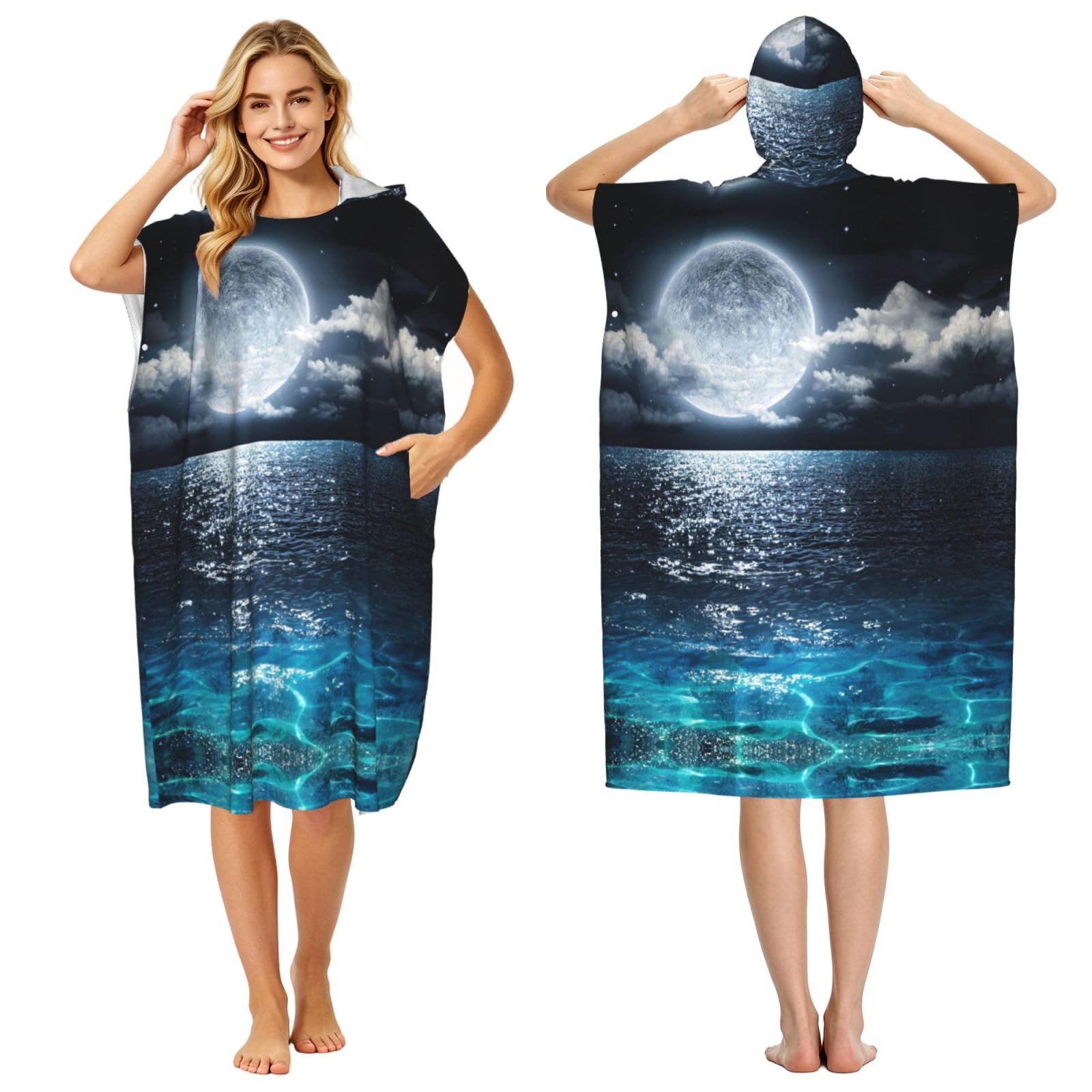 ESNAIUVCD Moon And Sea Print Changing Robe, Hooded Towel Poncho For Swimming Pool, Beach,Quick Dry & Light Weight Towelling Poncho For Adults Women Men