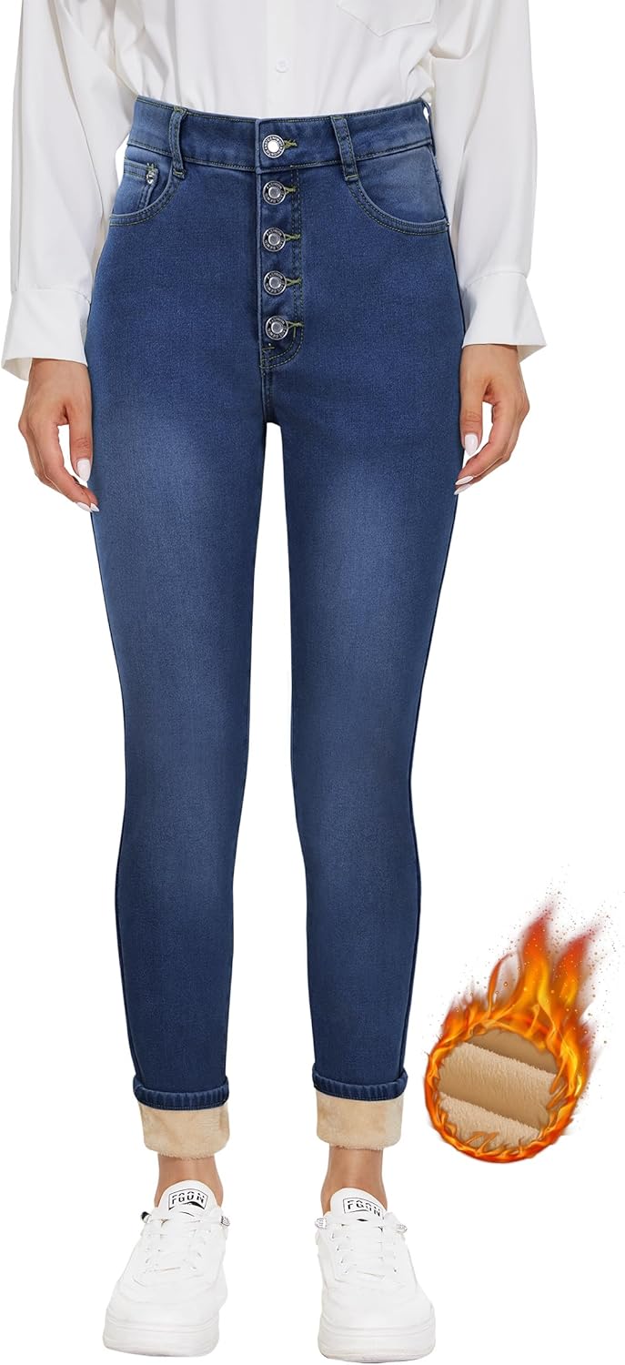 Women's Fleece Lined Jeans Thicken High Waisted Skinny Stretch Jeans for Women Winter Warm Flannel Lined Butt Lift Jeans - Image 2