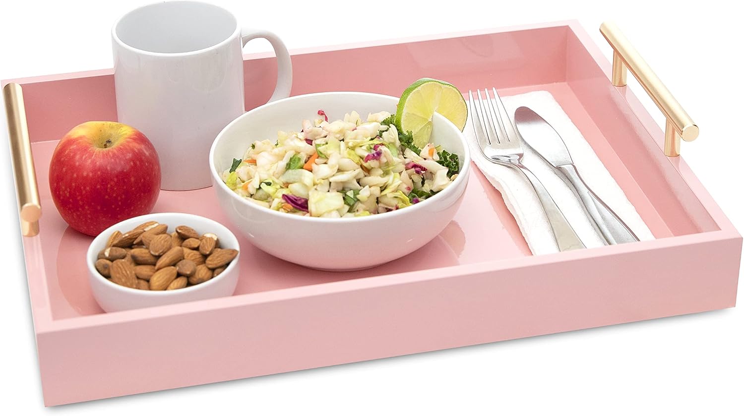 Premium Ottoman Tray- Chic Decorative Rectangular Serving Tray with Glossy Finish & Polished Metal Handles- Modern & Practical Coffee Table Tray- Perfect for Ottoman, Console, Side Table- Pink
