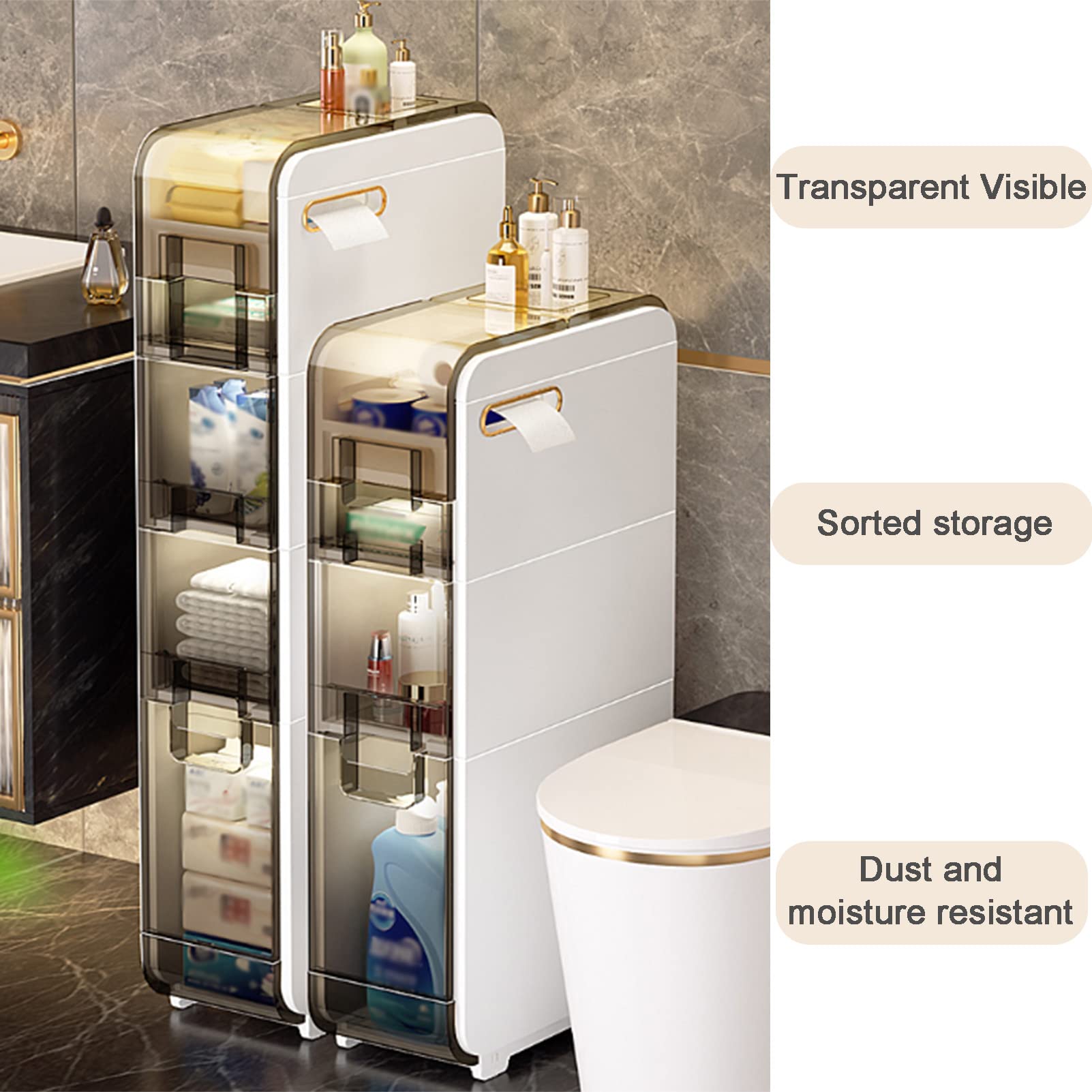 Armadietto da bagno con cassetti trasparenti su ruote per organizzare carta igienica e accessori, unità in plastica alta sottile