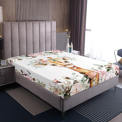 Miniatura 5 de Erosebridal Juego de sábanas con diseño de jirafa, diseño de rosa rosa, tamaño Queen, para niñas, niños, sábana encimera de animales de dibujos