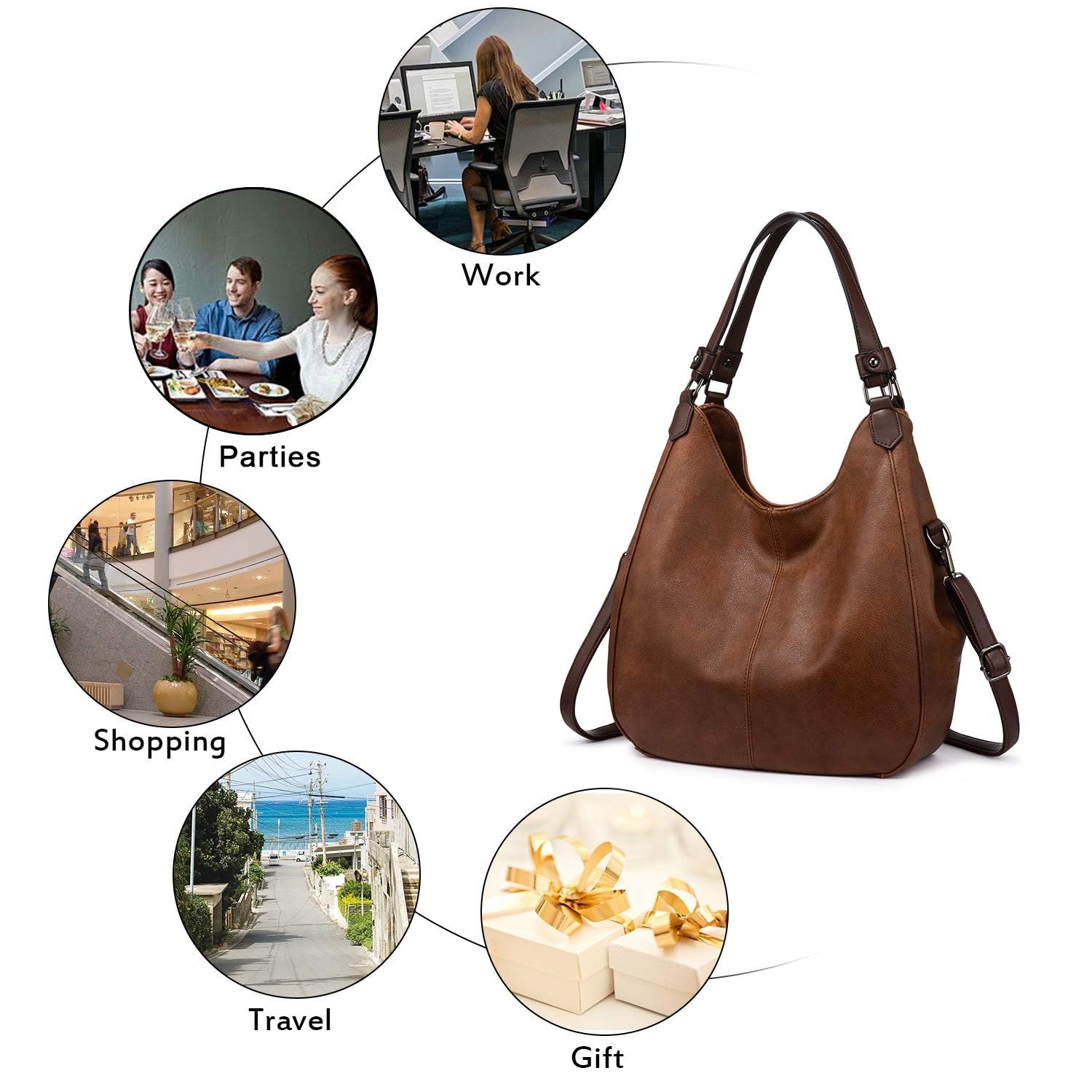 Realer Bolso de mano para mujer, grande, vintage, bolso de hombro para mujer, grande, de piel sintética, para uso diario, oficina, escuela, excursión, compras, color negro, marrón, M, Retro