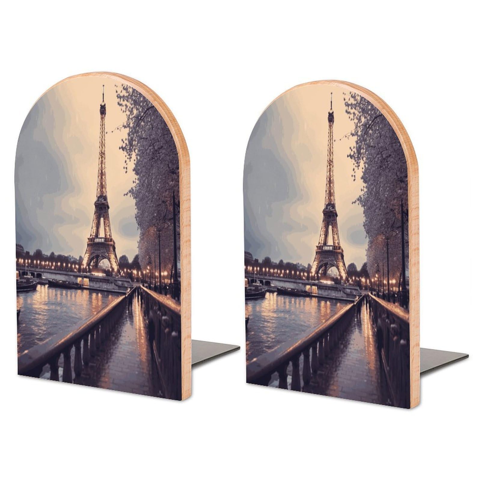 Eiffel Tower Winter Rainy Bookend for Shelves Wooden Book End Large Size Sturdy Book Holders Stoppers with Metal Base for Bookshelves Slick Decorative Bookends Stands