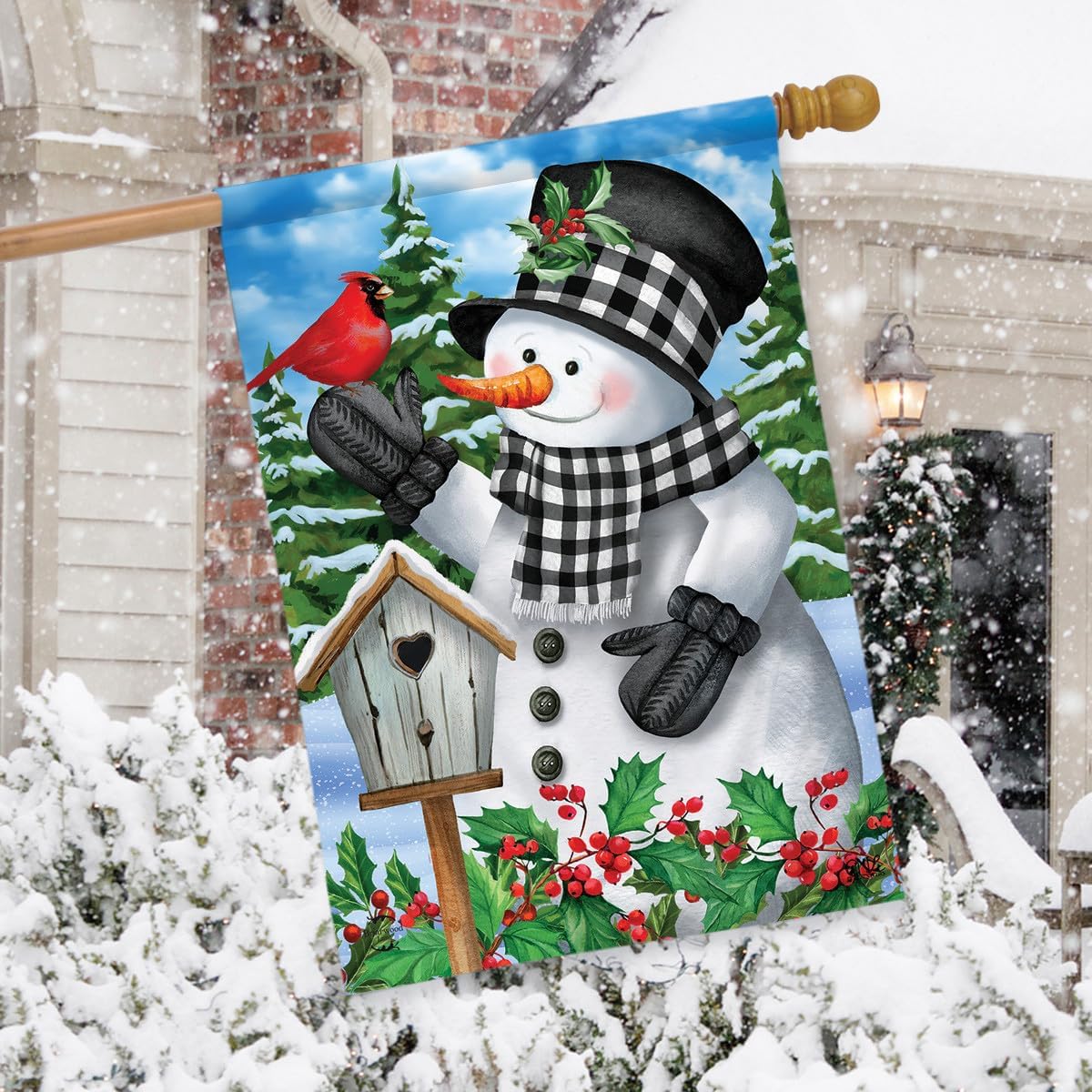 Checkered Snowman Winter House Flag Cardinal Pair Berries 28" x 40" Briarwood Lane
