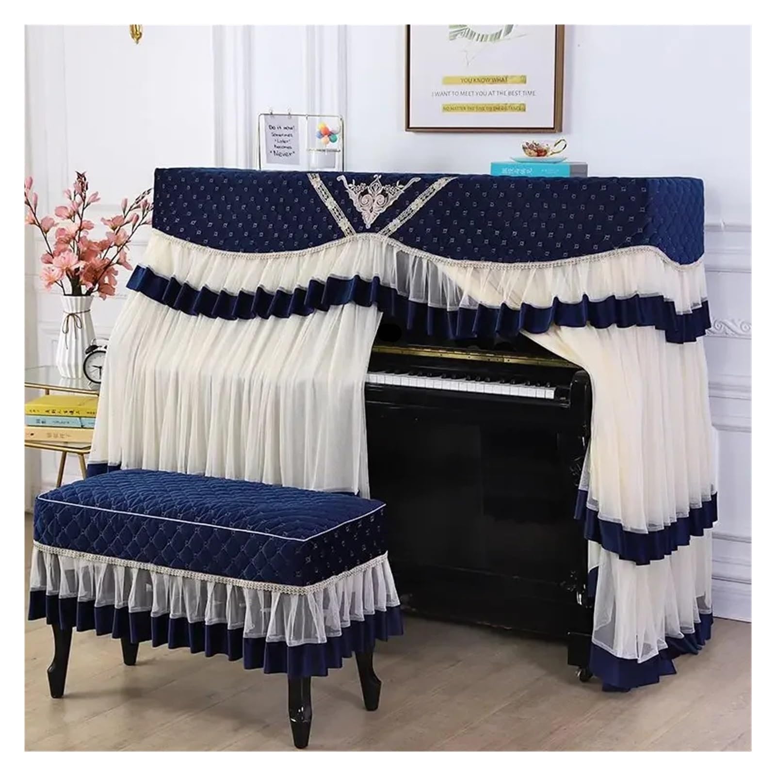 Klavierabdeckung Spitze Rüsche Elegante Klavierabdeckung mit mittlerer Öffnung, kein Entfernen von Staub erforderlich. Klavierbank-Bezug(Style 018,153x35cm 1pcs)