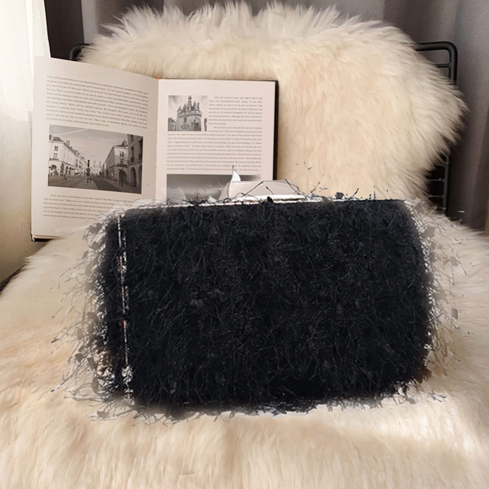 CORIOS Pochette da Sera Donna con Catena - Borsa a Spalla/Tracolla Elegante per Sposa, Cerimonia, Cocktail, Festa, Ballo - Nero