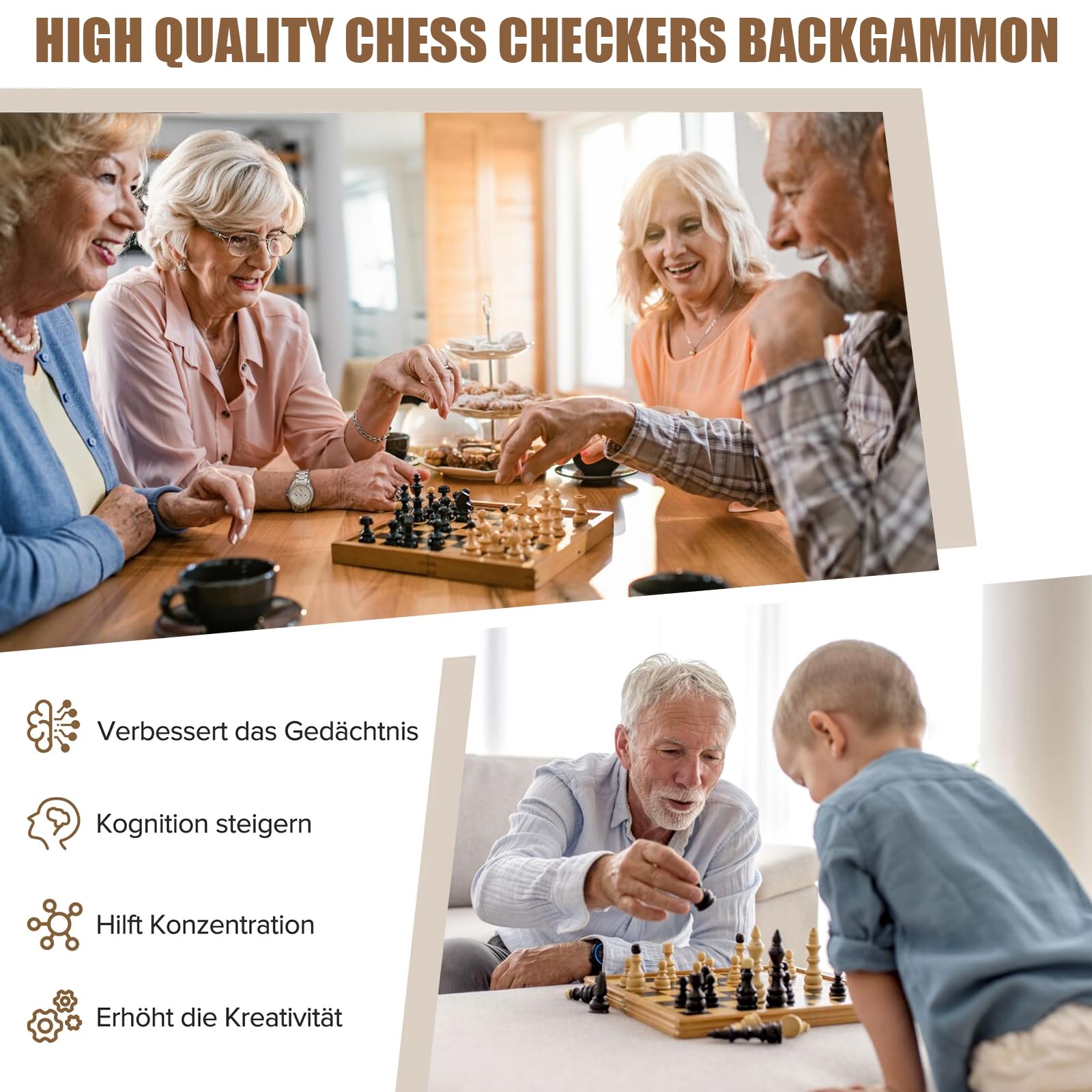 Échiquier 3 En 1 En Bois Mikqky - Échecs, Dames Et Backgammon 11,4 Pouces