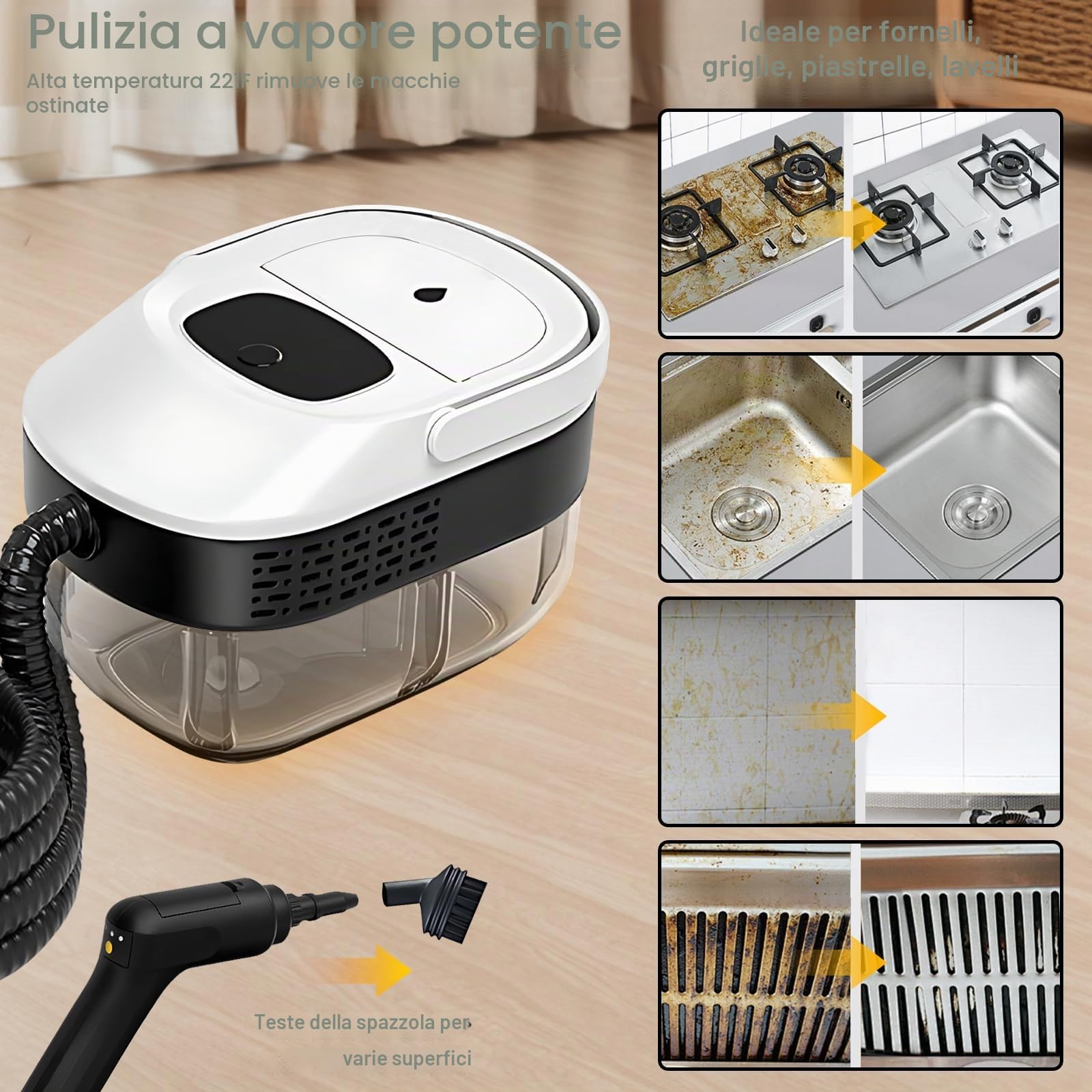 Pulitore a vapore professionale per tutto, 15 secondi, riscaldamento a 360°, potente pulizia a vapore per auto, bagno, cucina, tappeti, tappezzeria con accessori