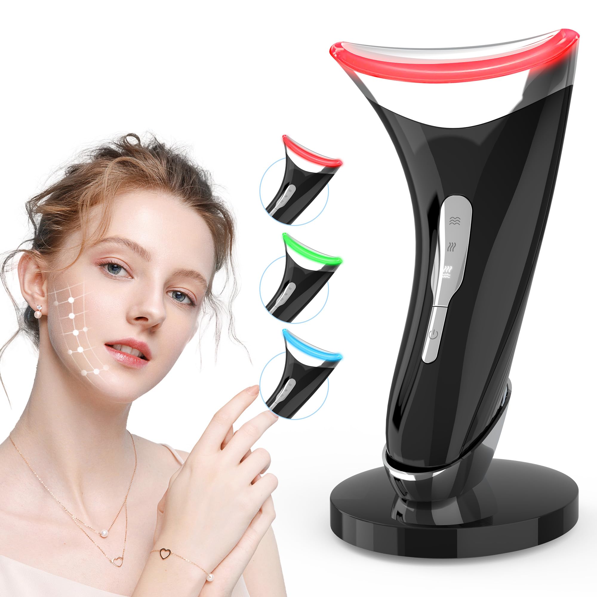 Massaggiatore Viso Antirughe, Dispositivo di Bellezza con 45 ℃ EMS per Lifting e Rassodamento Viso e Collo, Gua Sha Elettrico con 3 Modi LED Terapia Della Luce