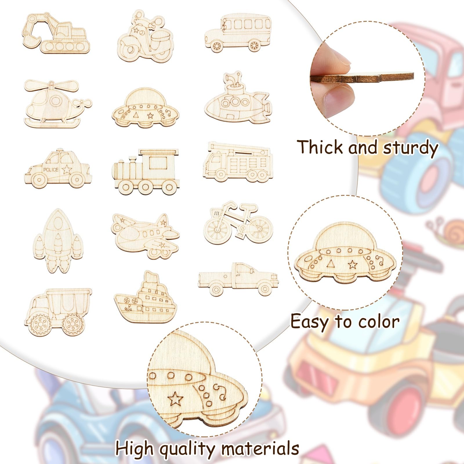 UR URLIFEHALL 100 Pcs Unfinished Vehicle Wood Cutouts Transportations Wooden Craft Shapes for Tag Decoupage DIY Scrapbooking Card Making - Image 3
