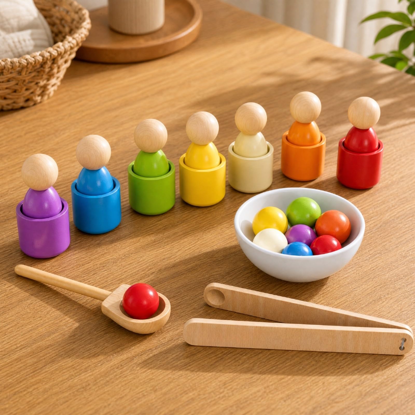 Qianly 7 Pezzi Giocattolo Child-Centered con Tazze e Palline Colorate Adatto Ai Bambini Gioco Educativo con Vassoio, Cucchiaio e Pinze