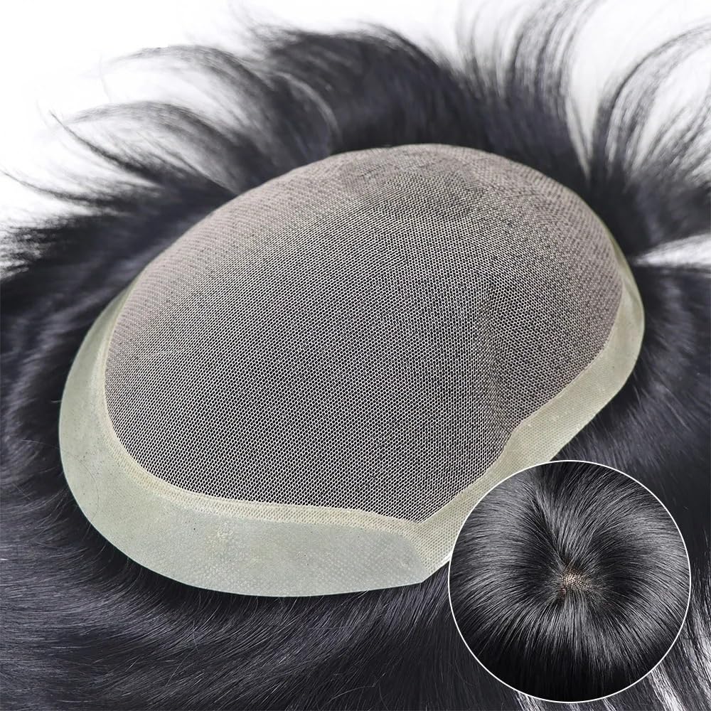 Men's Toupee Parrucchino da uomo in pizzo da 6 pollici in PU parrucchino for capelli umani for parrucche traspiranti da uomo(17x22cm)