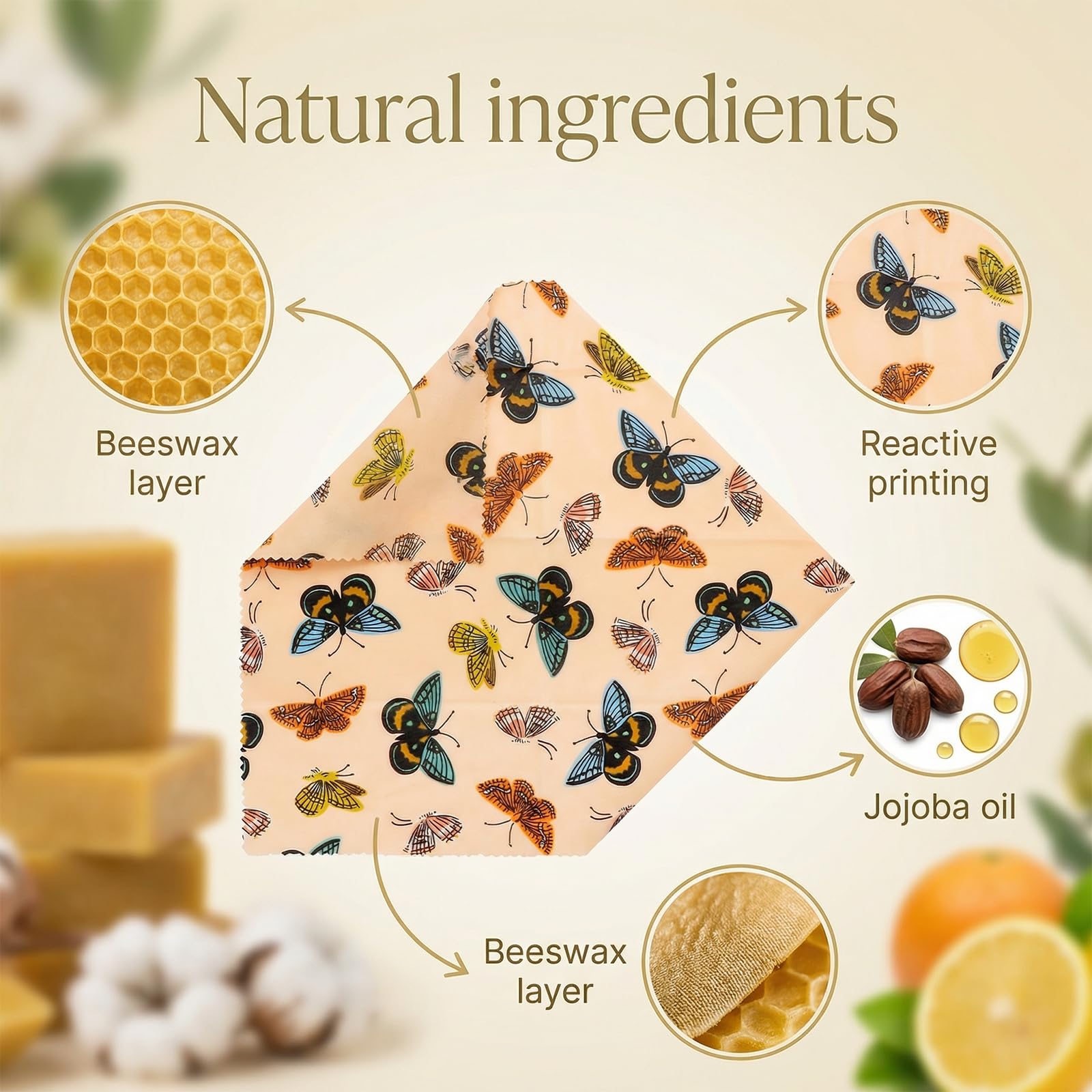 9 Piezas Tela Encerada para Alimentos, Envoltorio Cera de Abeja Reutilizable, Papel Cera de Abeja para Alimentos, Film Ecológico sin Plástico para Pan Sandwich Cocina — view 3