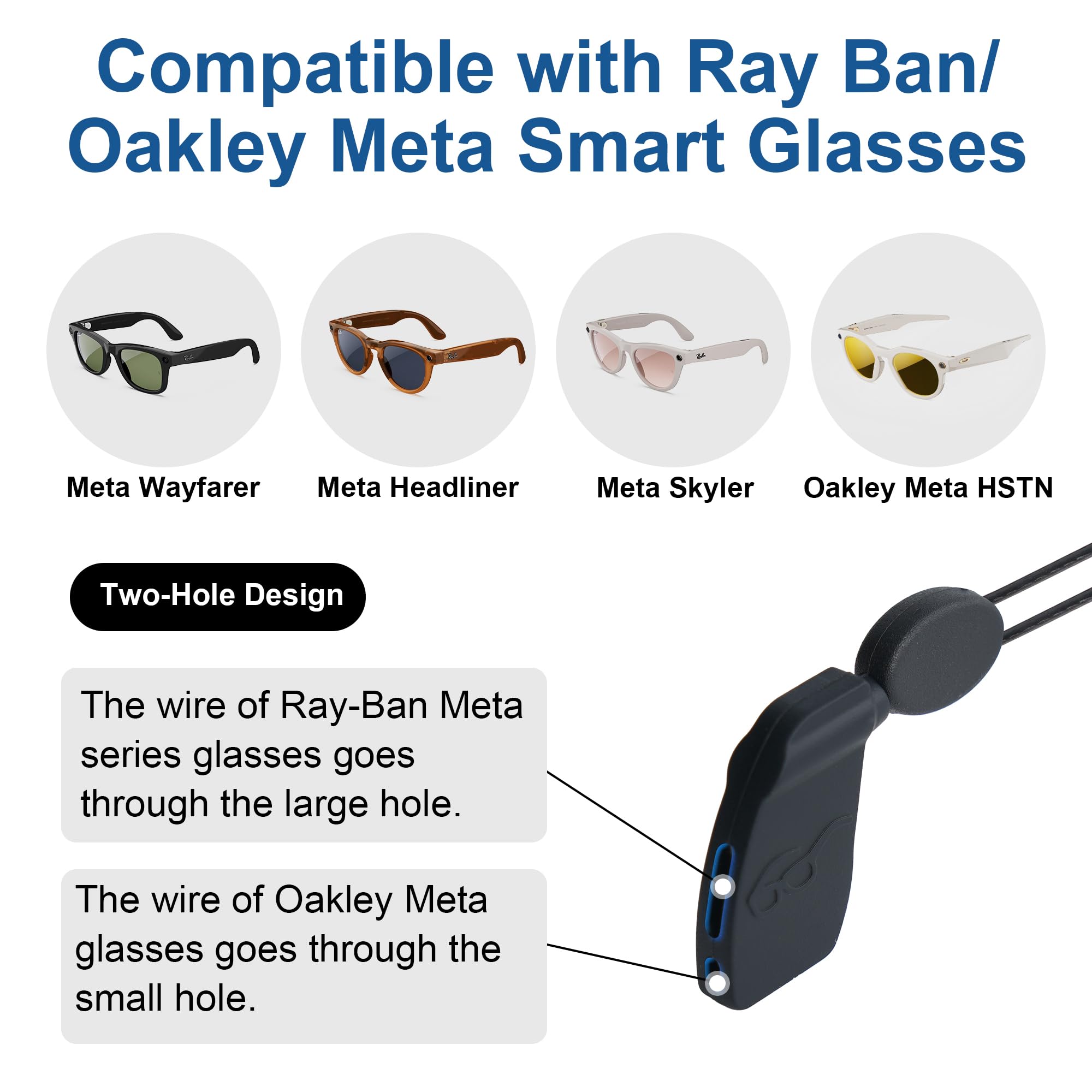 RCstyle HiBloks Regulowany pasek do okularów, kompatybilny z akcesoriami Ray-Ban Meta, bez ogona, uchwyt na sznurek do inteligentnych okularów (38 cm, czarny)