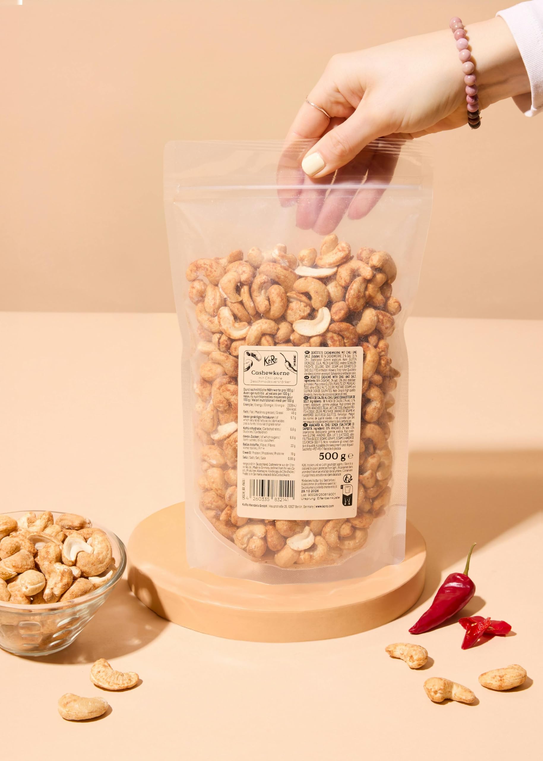 KoRo - Noix de cajou au piment 500 g - Snack épicé à base de noix de cajou et de poudre de chili