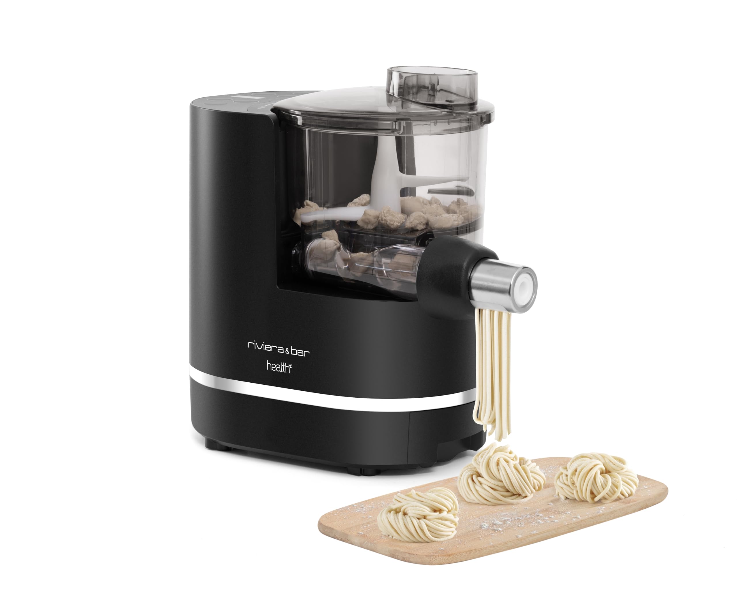 riviera&bar Machine à Pâtes - Balance Intégrée, 220W, 2 Programmes Automatique/Semi-Automatique - 8 Types de Pâtes, Programme Sans Gluten - Sécurité Avancée, Nettoyage Facile - Noir