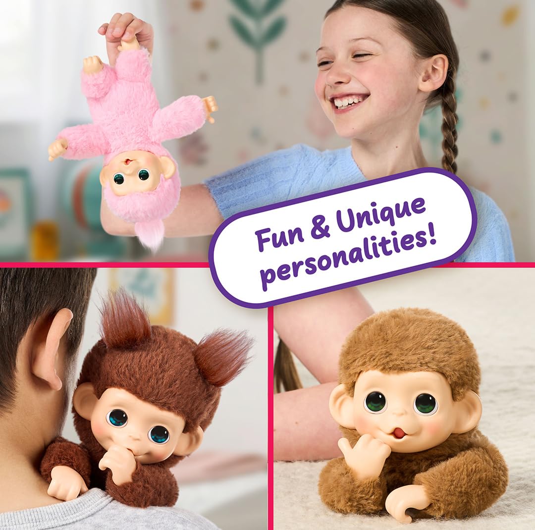 Little Live Pets Baby Monkey Minis – Luna Lemon, Juguete Interactivo, +20 Sonidos y reacciones, Suave Pelaje Rosa, 18,8 cm, Realista, Comer, cuidar, Manos y pies de Mono, 3 para coleccionar