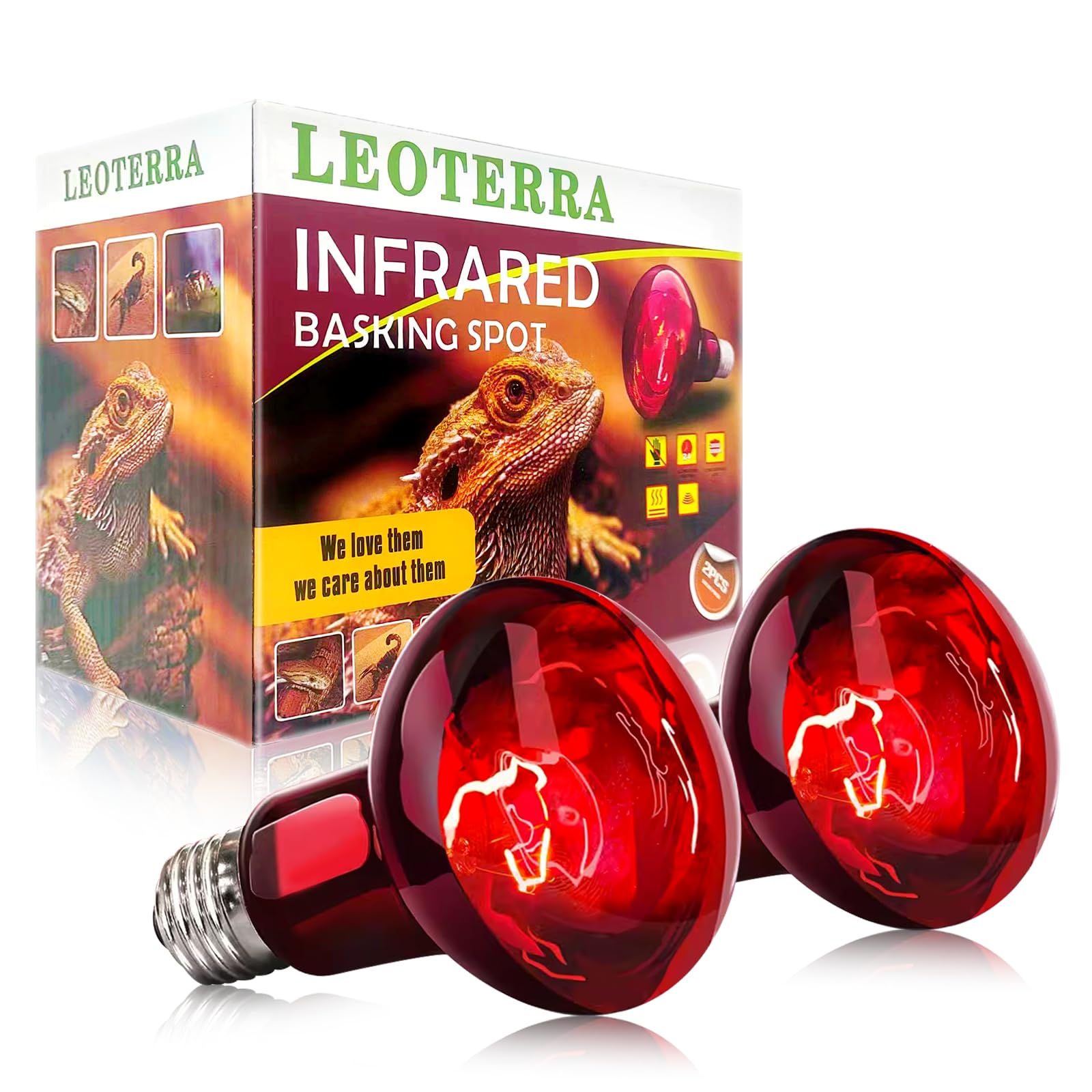 Leoterra 50w Reptile Night Heat Bulb Red Infrared Night Heat Lamp 10-20 Gallon Terrarium Use Thickened Glass (2-Pack) for Geckos, Frogs, Small Snakes,