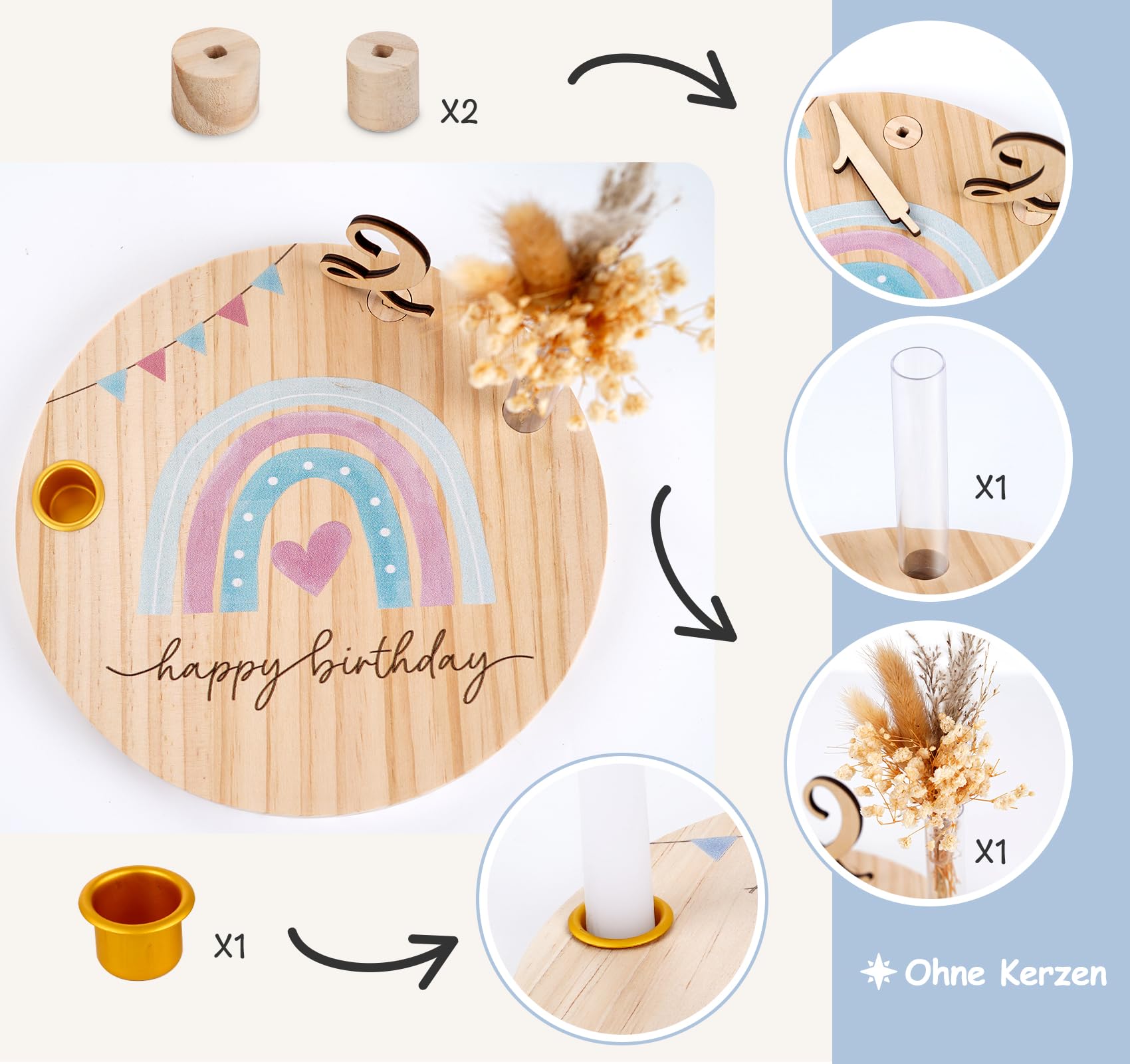 Geburtstagsteller Holz Personalisierter Geburtstagskranz mit Kerzenhalter Vase Zahlen 0-9 Gästebuch Geburtstag Geburtstagsdeko Geburtstagsgeschenk für Jungen Mädchen, (Regenbogen)