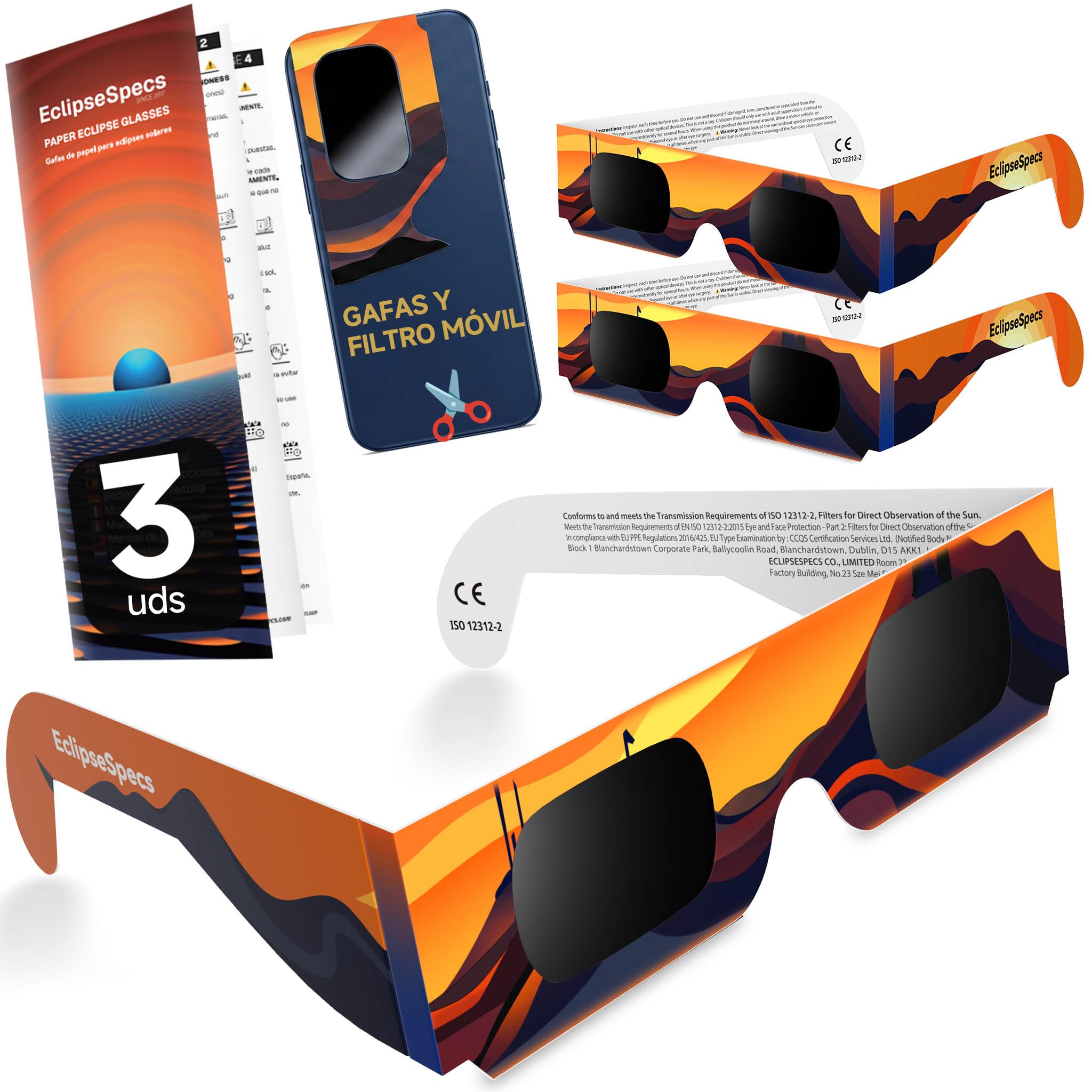 Lunette éclipse solaire [Lot de 3] - Homologuées ISO 12312-2 CE - Observation directe éclipse 2026