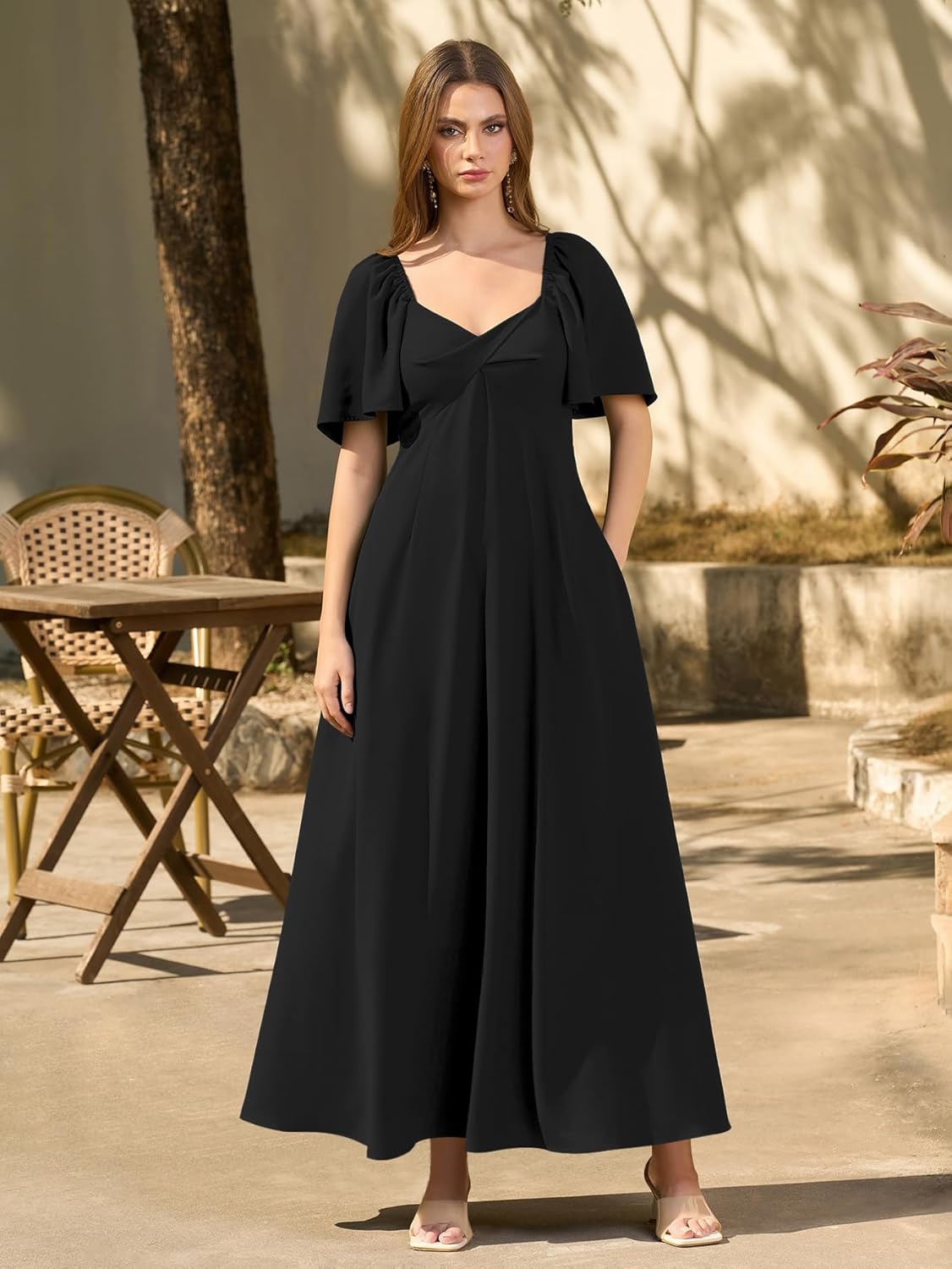 KUTUMAI Summer Maxi Dresses for Women 2025 V Neck Short Sleeve Bow Tie Flowy Long Formal Wedding Guest Dress with Pockets - Image 6