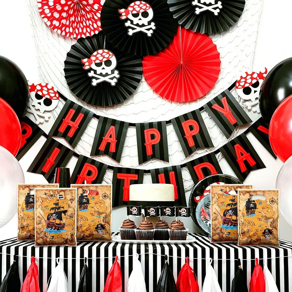 Geluode Pirate Party Gift Bags with Handles, 50Pcs Vintage Nautical Party Favor Bags with Pirate Ship & Skull Design Goodie Gift Bags for Treasure Hunt Nautical Themed Birthday Party Favors Supplies image 4