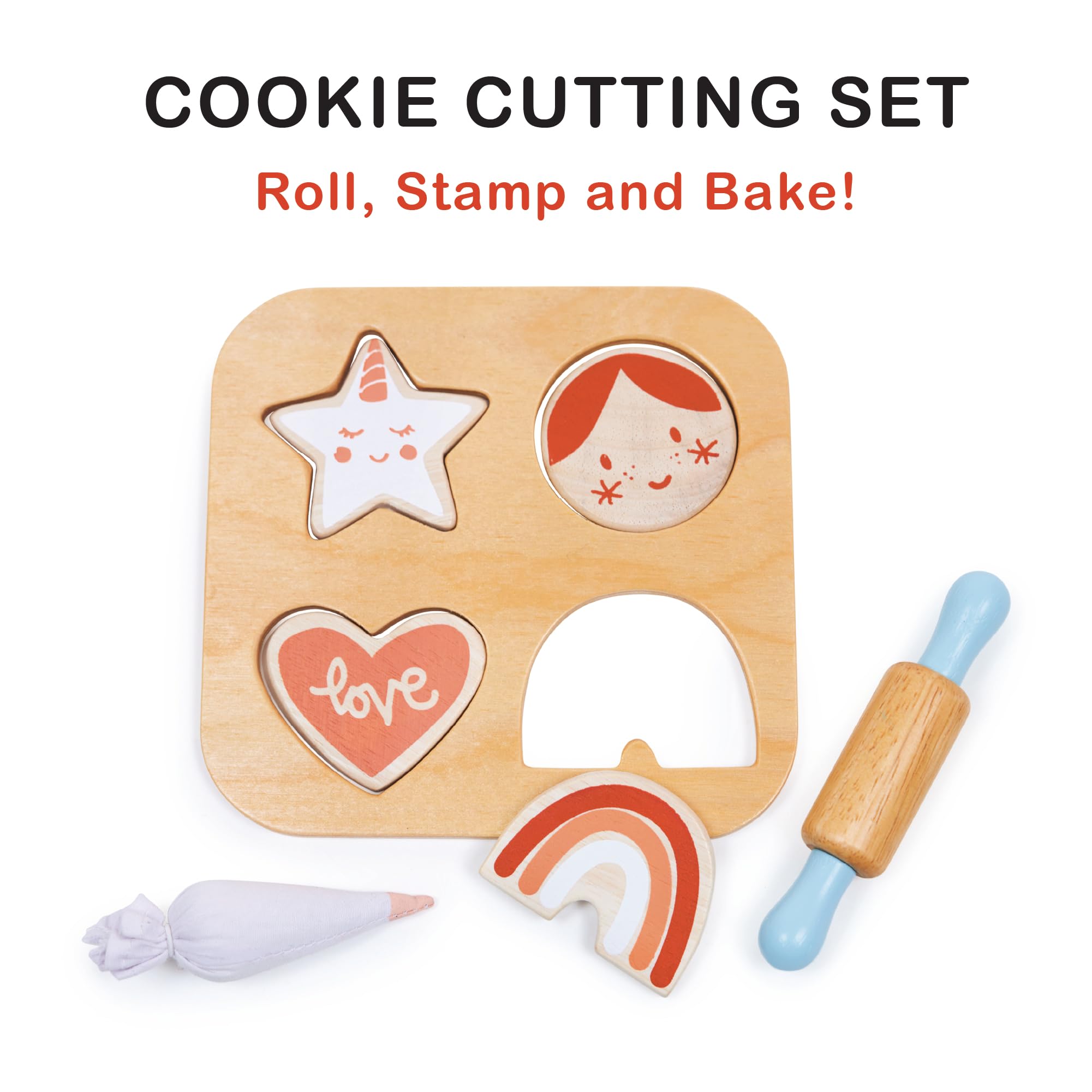 Mentari Toys - Cookie Cutting Set - 7pc Wooden Cookie Play Food Set with Accessories - Pretend Play Cookies and Baking for Toddlers - Shape Sorting Imaginative Play Set for Toddlers - Age 2+