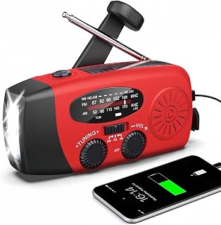 Radio solar portátil con tiempo AM/FM/NOAA, generador de manivela, batería recargable de 2000 mAh, cargador USB para teléfonos móviles, linterna LED, para emergencias, camping, pesca (rojo)