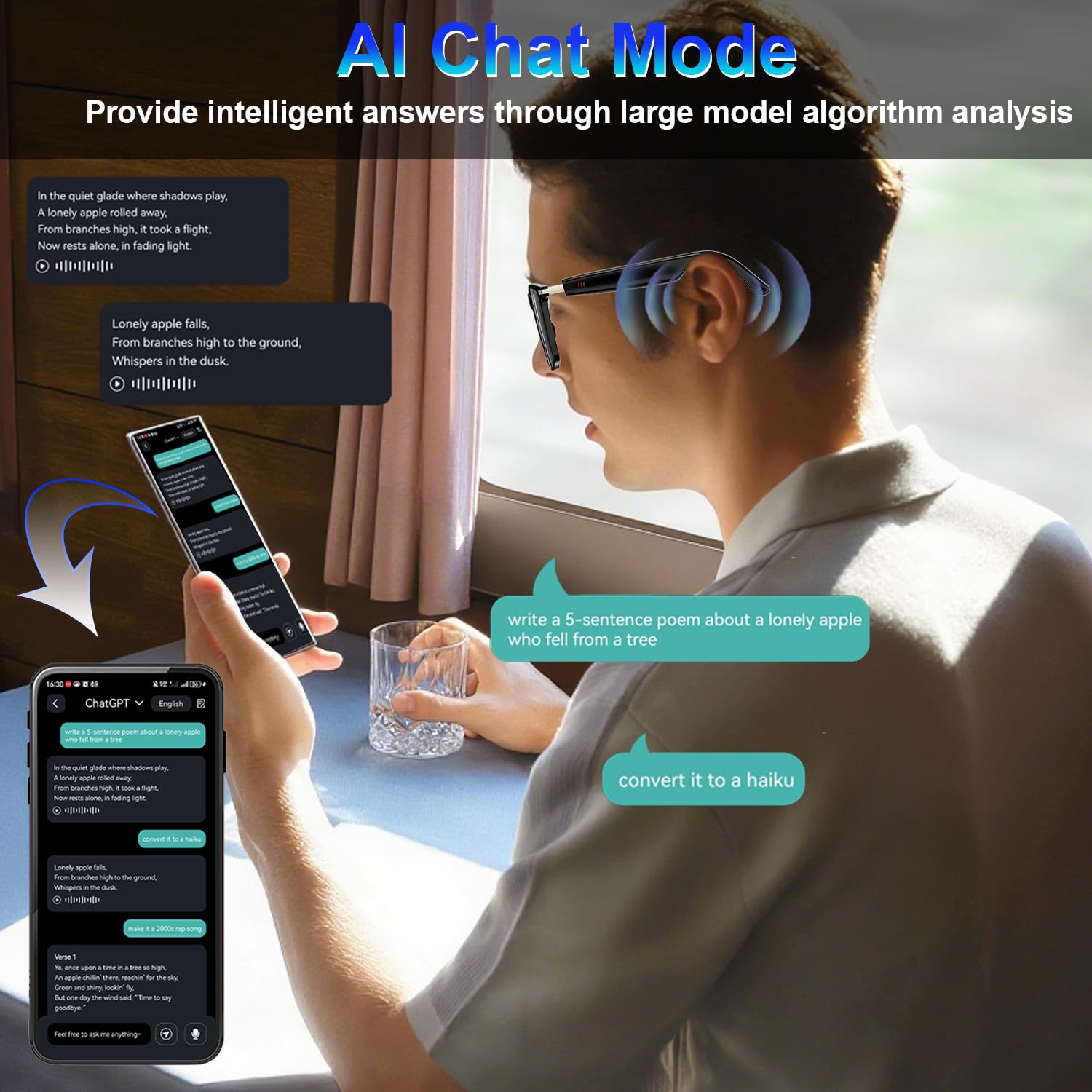 Lentes inteligentes de traducción Ai con ChatGPT, gafas Bluetooth con traducción de más de 164 idiomas, lentes de traductor físicos de cambio de color, lentes de audio multifuncionales para 4