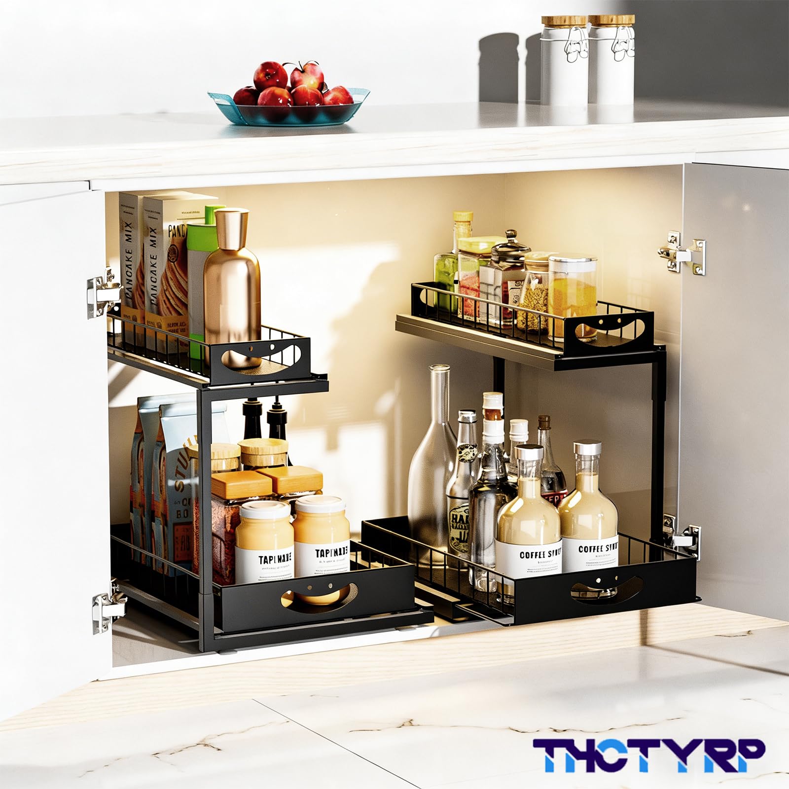 Scaffale estraibile in metallo a 2 ripiani, sottolavello, nero | Organizer per mobili da cucina e bagno, salvaspazio e stabile, per lavello e lavandino