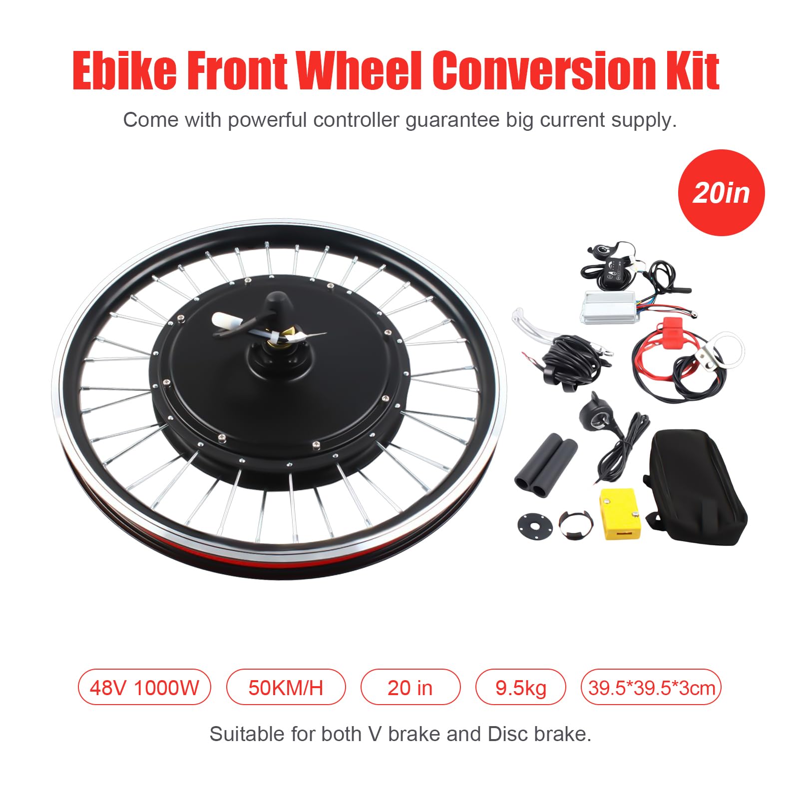Elektrofahrrad Umbausatz 20 Zoll 48V 1000W Laufradsatz Ebike V-Bremse/Scheibenbremse Elektrofahrrad Ebike LED Nabenmotor Umbausatz