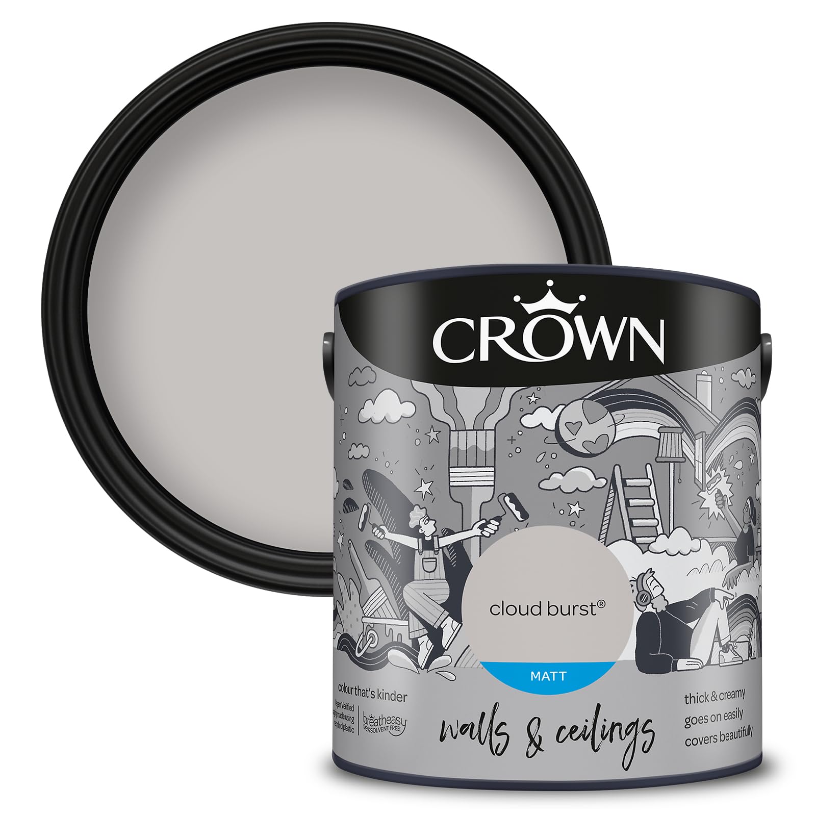 Crown Walls & Ceilings Matt Emulsion Paint - Cloud Burst - Grey - 2.5L