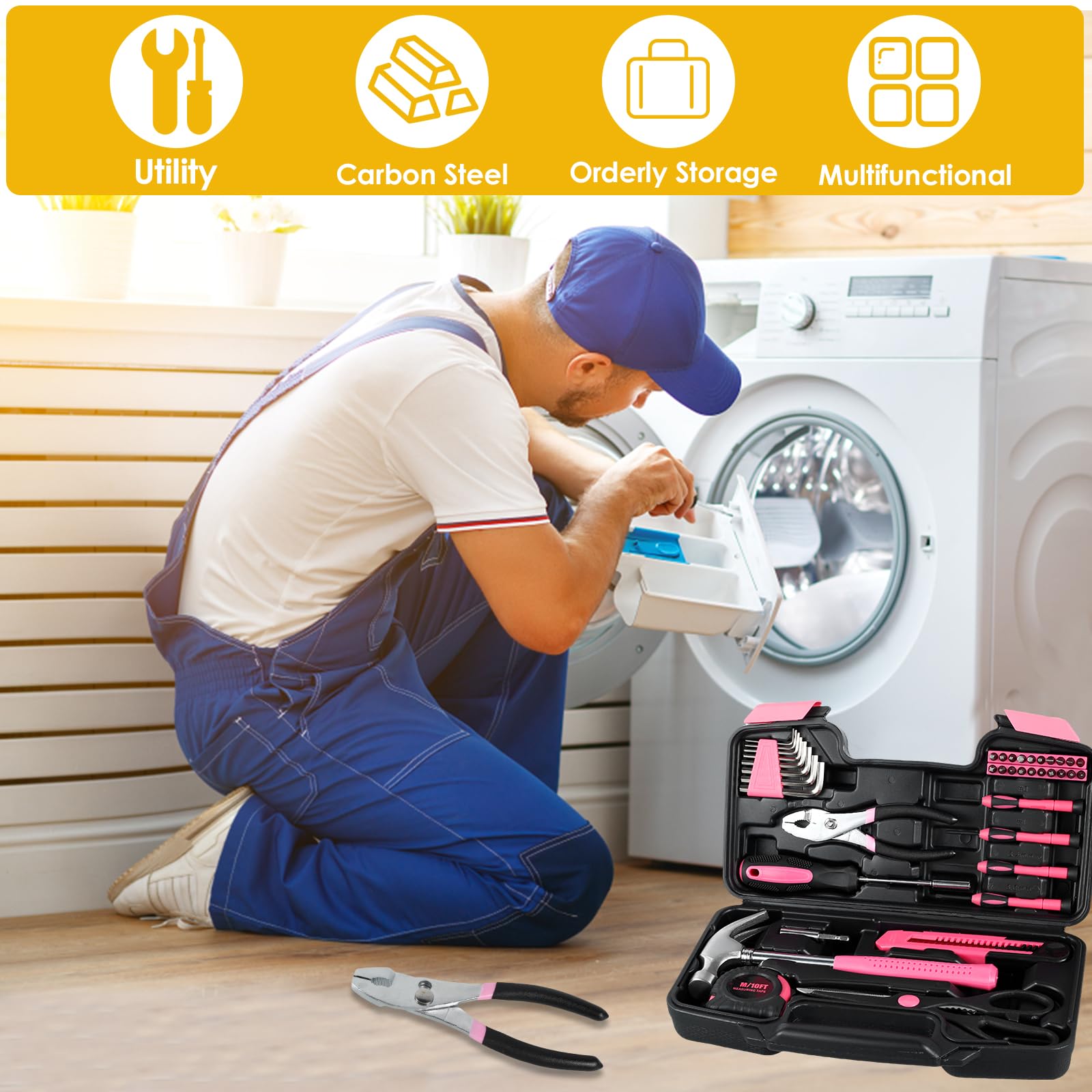 General Household Hand Tool Kit 39Pcs Home Repair Tool Set Pink Tool Kit Box Drill Set Multifunctional Home Tool Kit Set Portable Auto Repair Tool Kit with Plastic Toolbox Hand Tool Set for DIY Repair — view 6