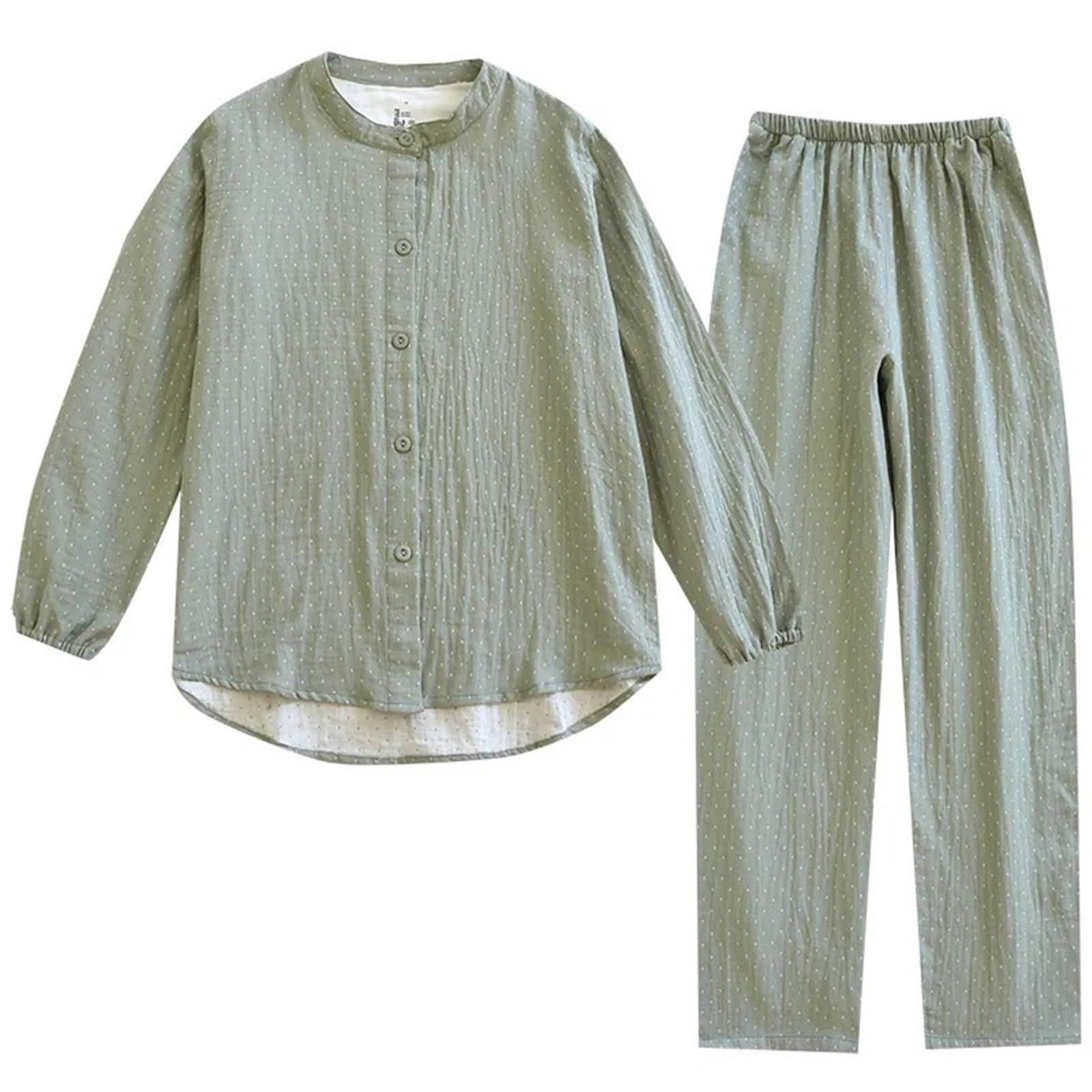 Conjuntos de Pijama Lunares algodón for Mujer, Pantalones Manga Larga Gasa teñida con Hilo, Ropa Dormir Informal Sencilla, Cuello Redondo para Descanso en casa