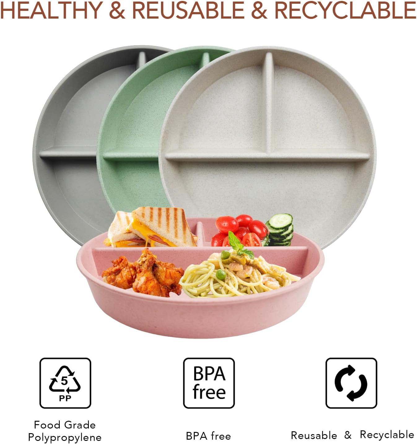 greenandlife 9 Inch 4PCS Divided Plates with Lids, Portion Control Plates for Kids Adults, Dishwasher Microwave Safe Compartment Plate, Unbreakable Lightweight Reusable Wheat Straw Plate Set, INS - Image 4