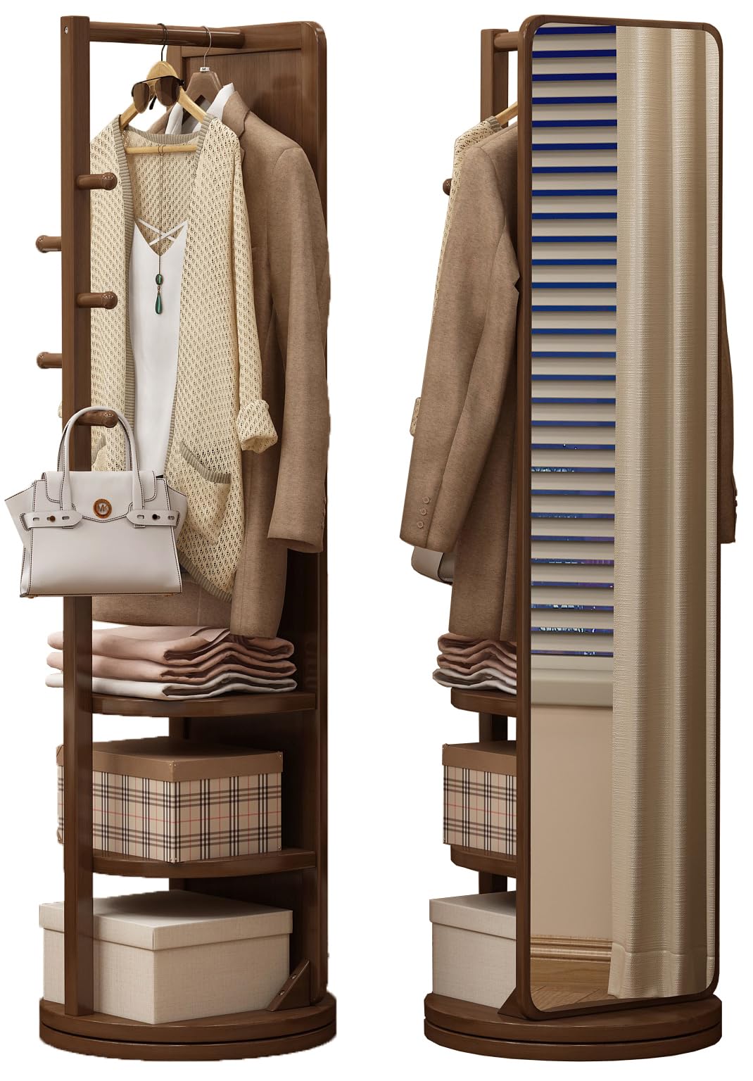 ROYAL POLAR 360° Swivel Rotating Solid wood full body mirror floor mirror home bedroom can rotate mobile dressing mirror with hanger storage grid entry porch mirror (Mirror with Storage)