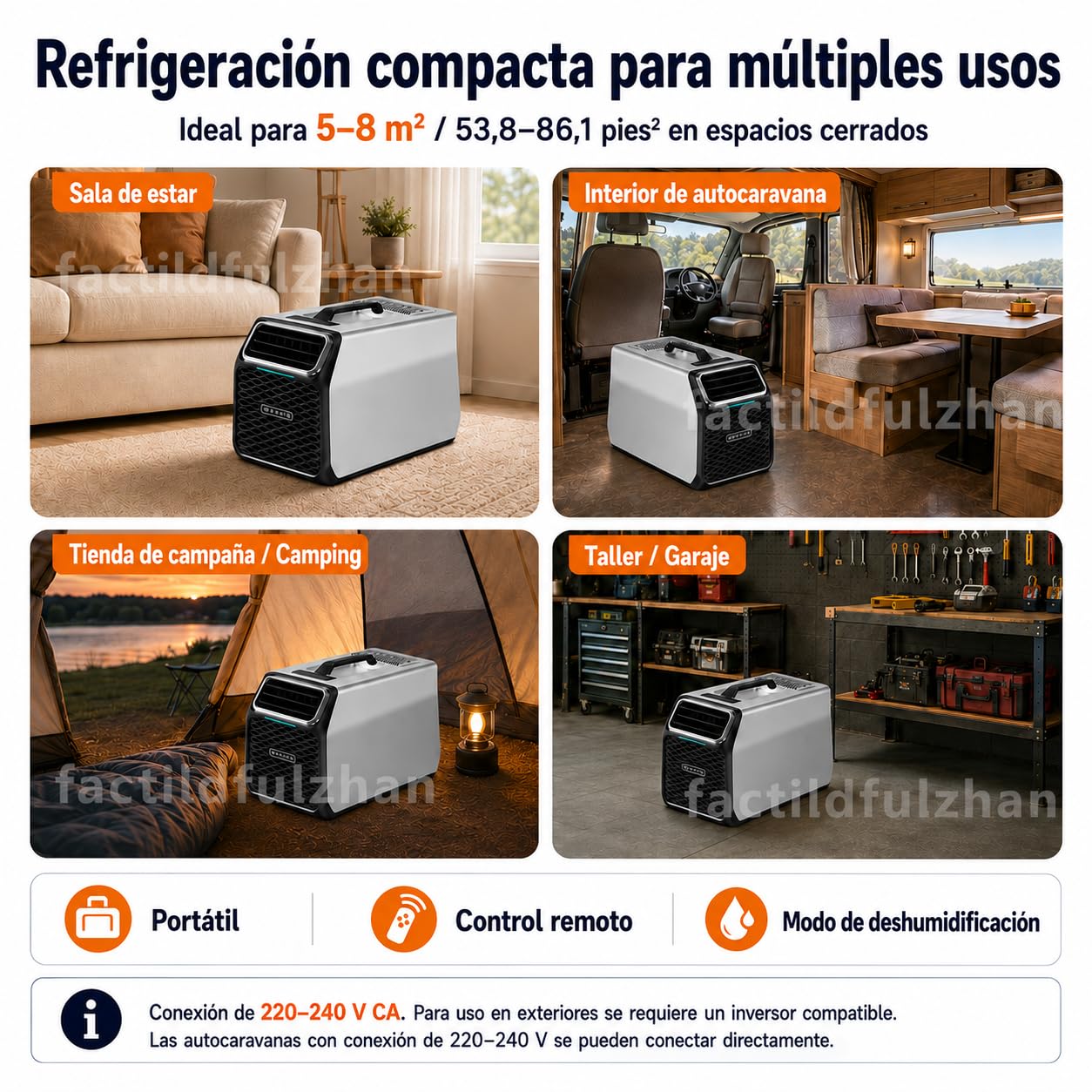 Aire acondicionado portátil 220V-240V 1400W 5000BTU Nuevo modelo Gray-220V | Refrigeración para 8-10 m² con deshumidificación, modo sueño, temporizador y pantalla LCD táctil para hogar y oficina.
