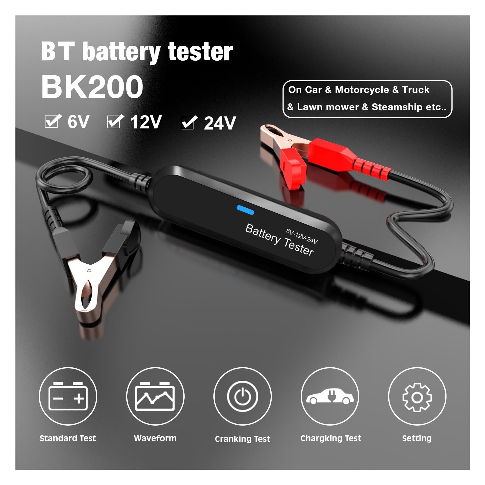 Comprobador De Baterias Analizador De Batería De Coche, Motocicleta, Camión, 6V, 12V, 24V, Bluetooth 5,0, Herramienta De Prueba De Arranque De Carga 2000CCA(Black)