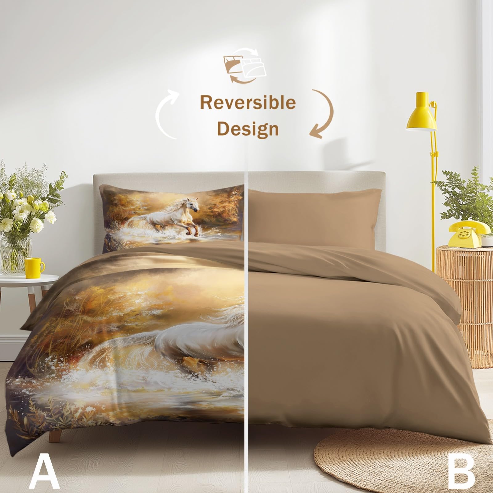 Générique Poszwa na kołdrę 200 x 200 cm fantazyjny krajobraz, zestaw pościeli 2-osobowej na prześcieradło z gumką, koń jezioro zestaw pościeli 4-częściowy z 2 poszewkami na poduszki
