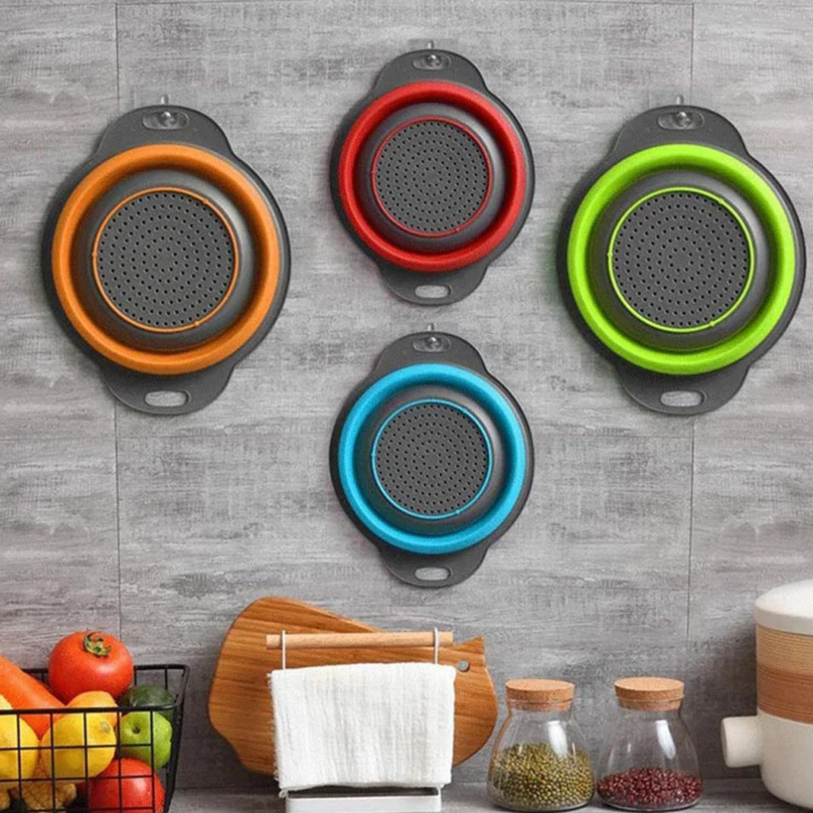 Colador plegable para cocina, paquete de 2, colador sobre fregadero con base autodrenante, juego de colador de gran capacidad para pasta, verduras y frutas, apto para lavavajillas (azul, 30 x 24,2 cm)